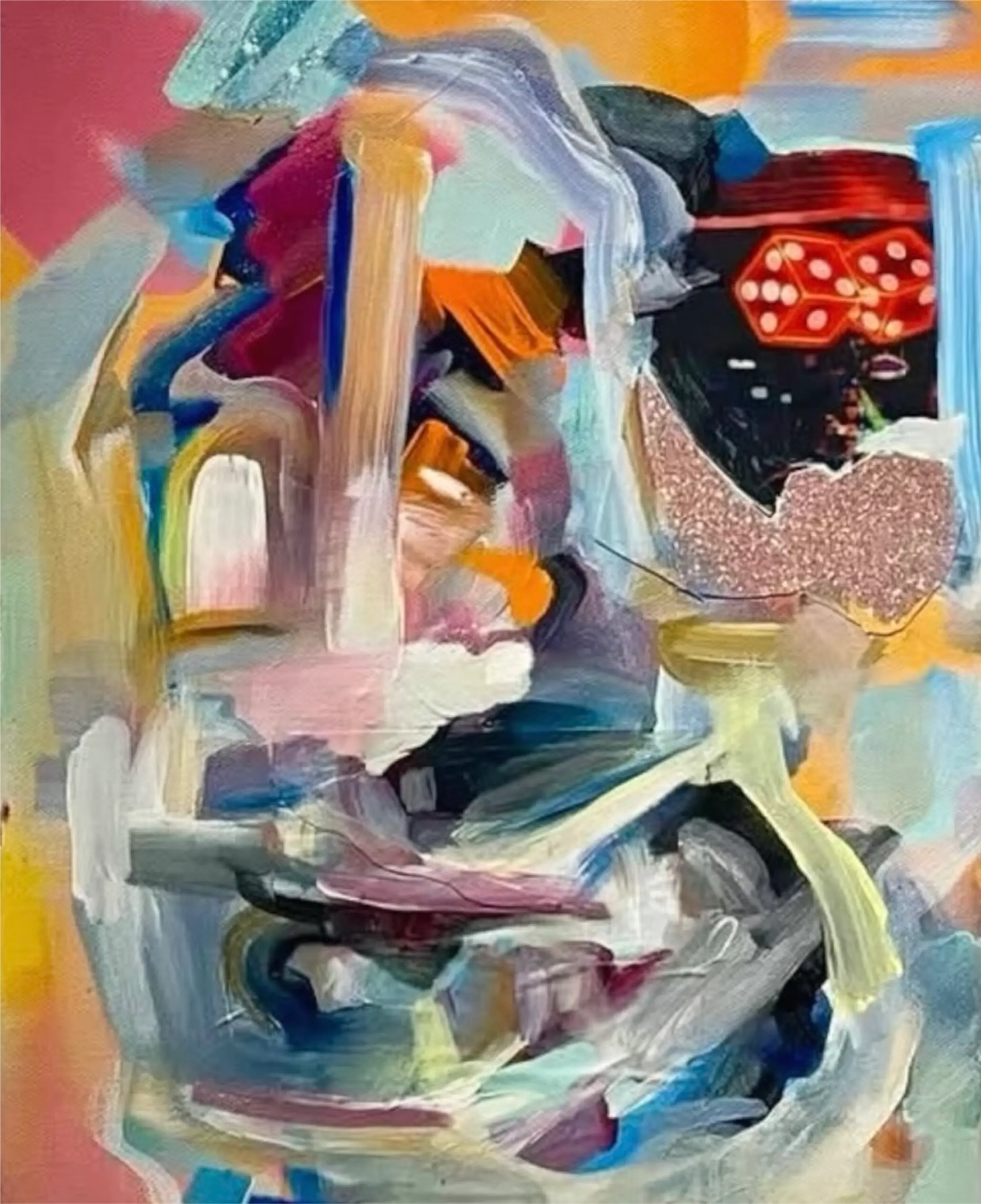 Brushy strokes and soft gradients clash with bold dice, glitter, and sharp edges, creating tension between flow and symbols.