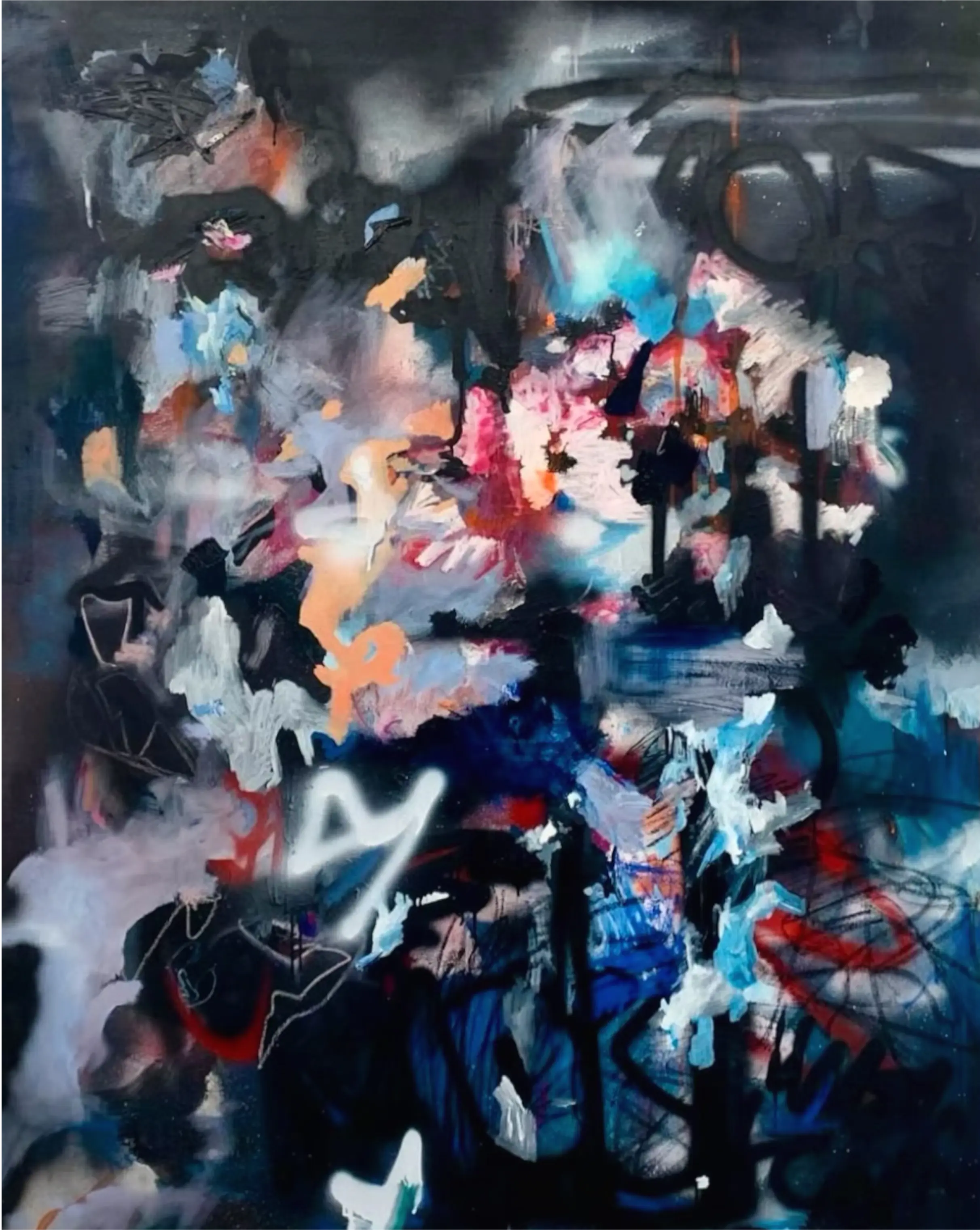Blurred crimson, cobalt, and peach cascade down, evoking fleeting memories emerging from a soft, shadowy background.