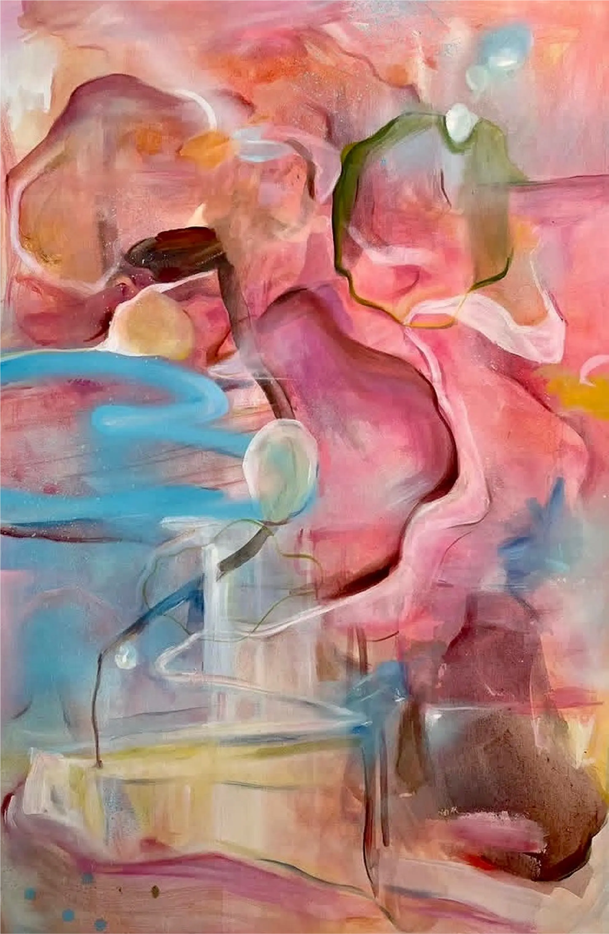 Soft gradients and textures lead through layered forms. The composition balances space, evoking motion and subtle tension.