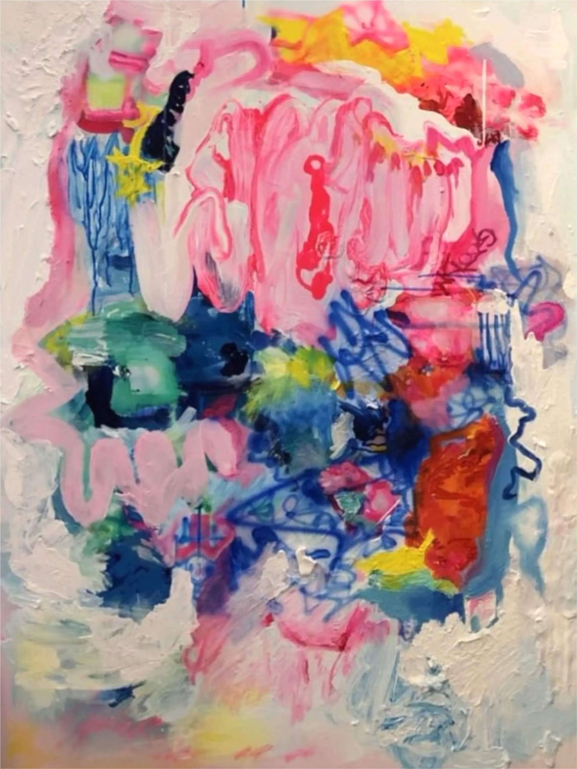 A luminous tangle of pastel pinks, saturated blues, and electric gestures suggests movement and spontaneous expression.