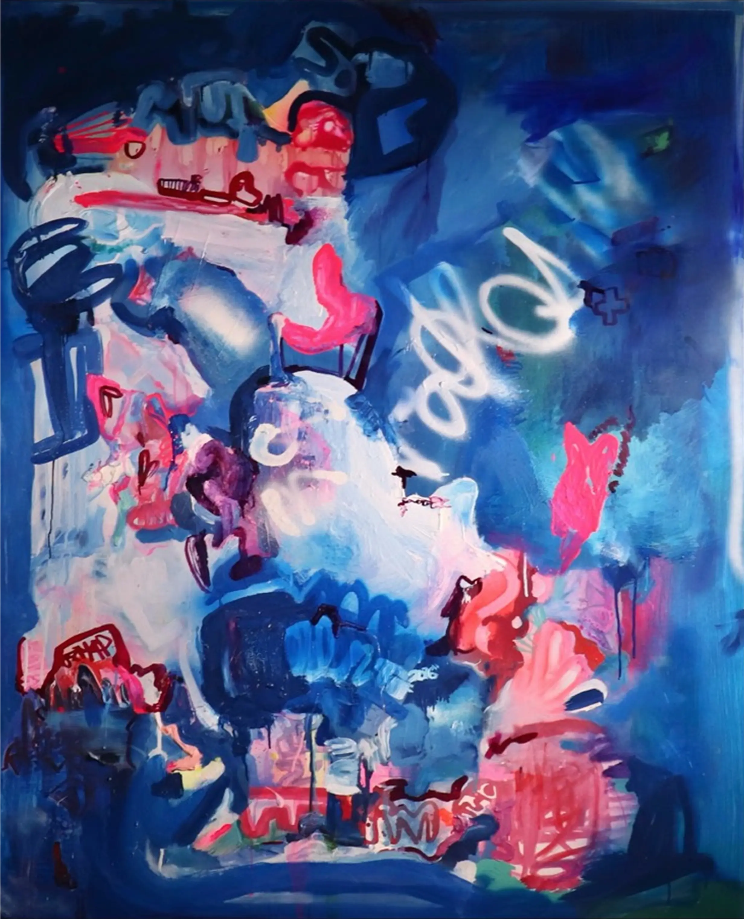 A vibrant abstract storm: electric blues and hot pinks erupt across the canvas, layering gesture, memory, and movement.
