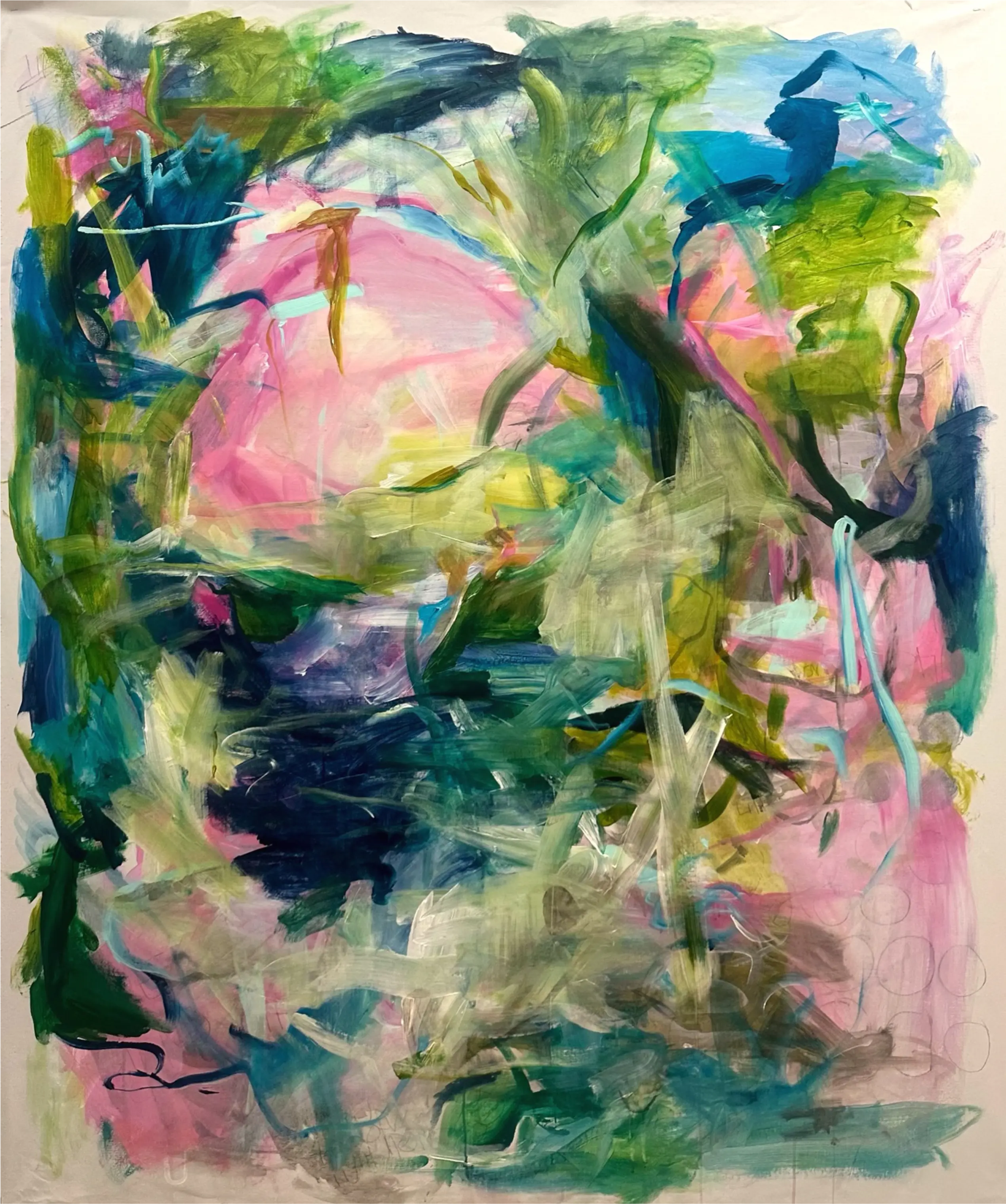 Green, pink, and navy strokes swirl around a glowing core, forming a tender, chaotic image that feels like a fading memory.