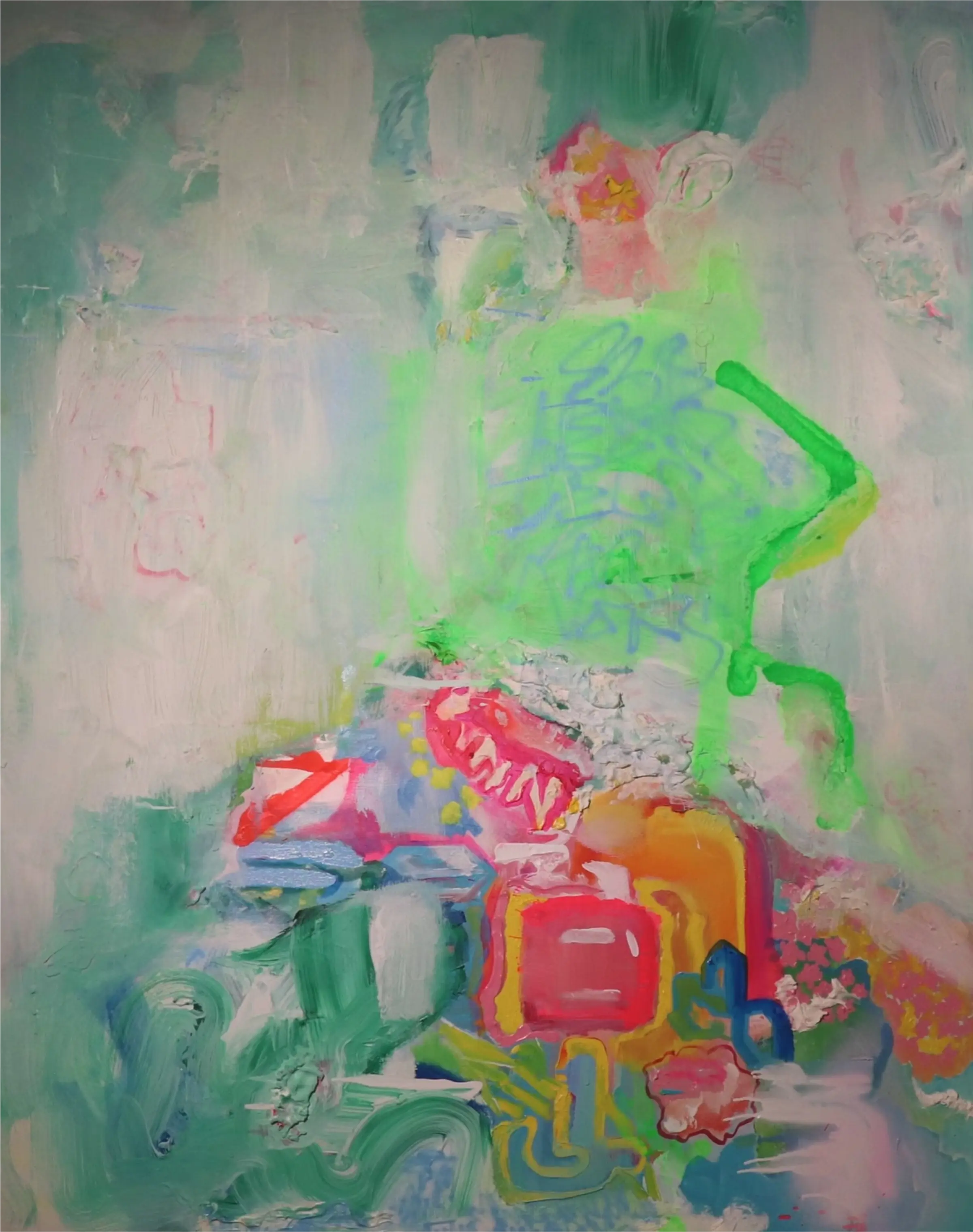 A hazy green backdrop meets bold, textured strokes that rise diagonally, creating contrast and a sense of upward movement.