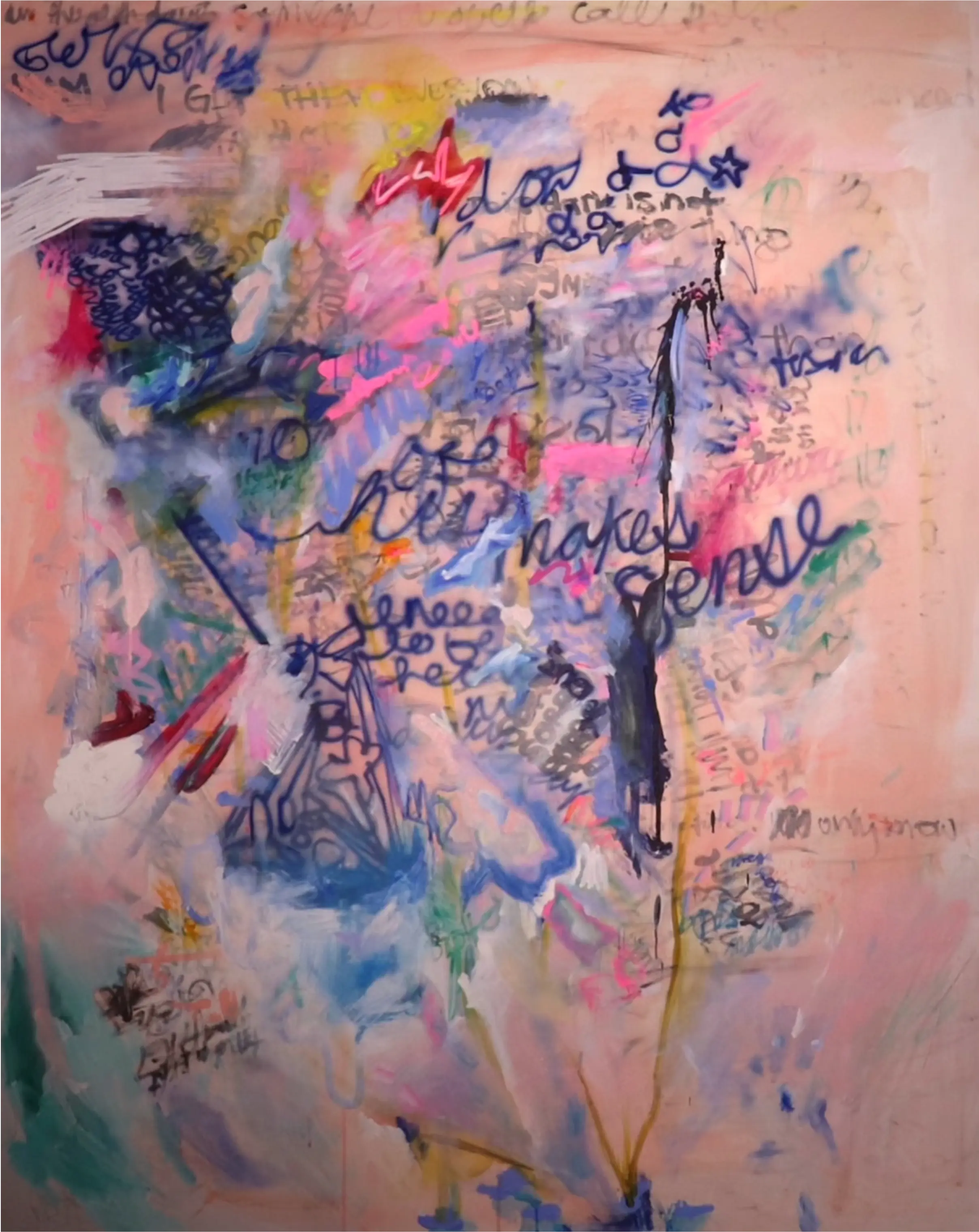 Pastel layers and graphic marks converge around a loose center, breaking into varied paths and visual directions.