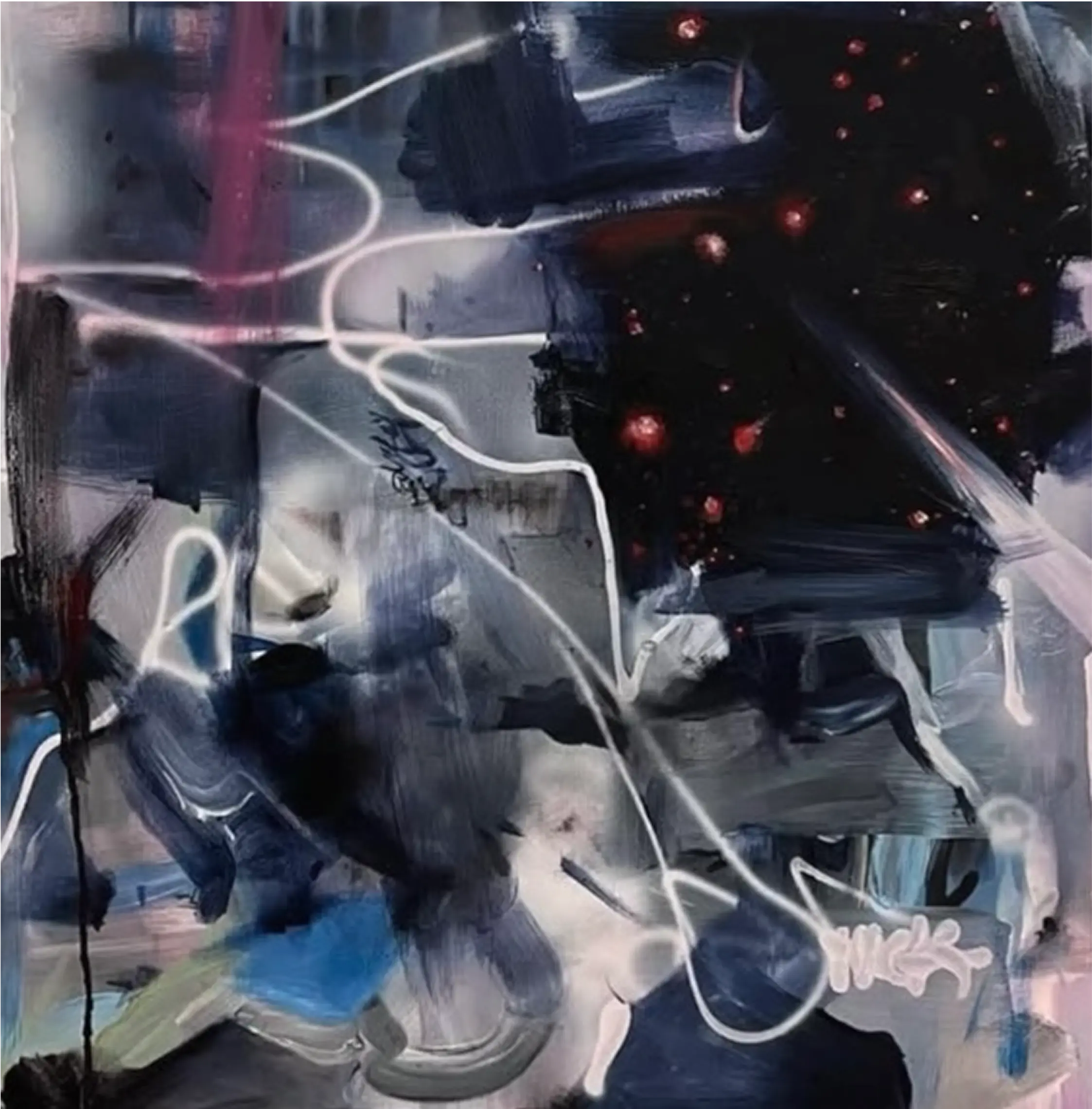 Dark tones meet bright splashes and swift white lines in an abstract work charged with contrast, rhythm, and motion.