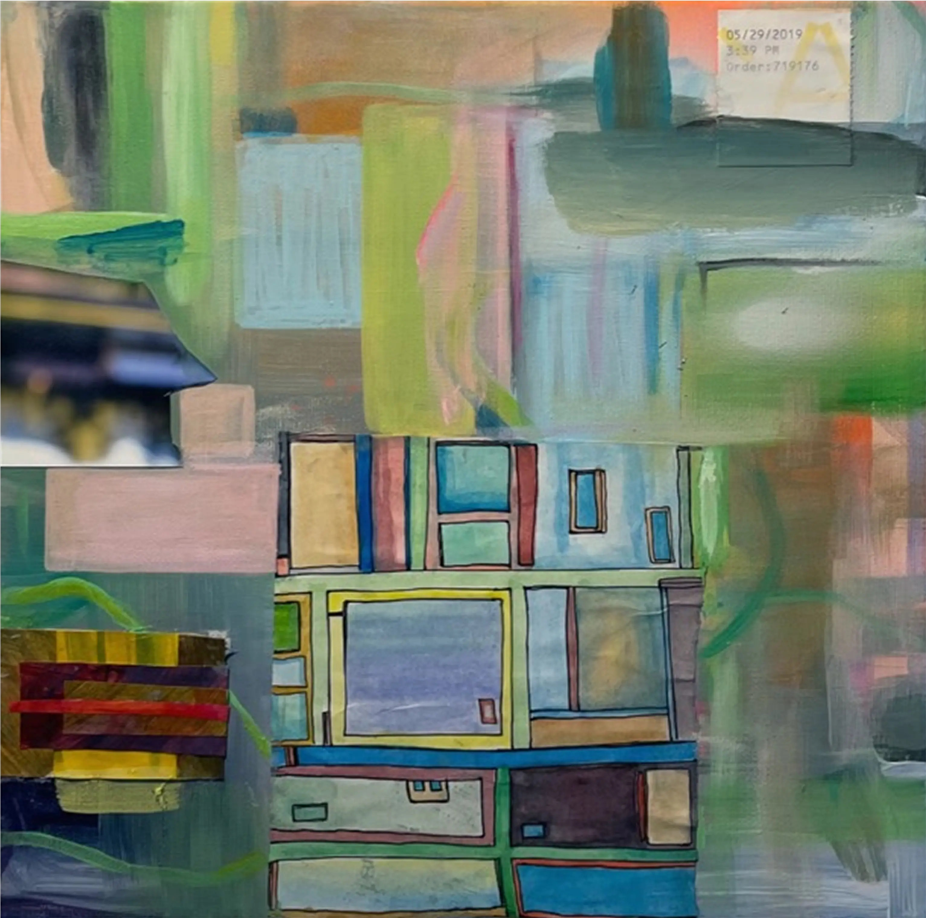 Geometric blocks emerge through a soft haze; muted greens and pastels meet sharp lines, blending structure with spontaneity.