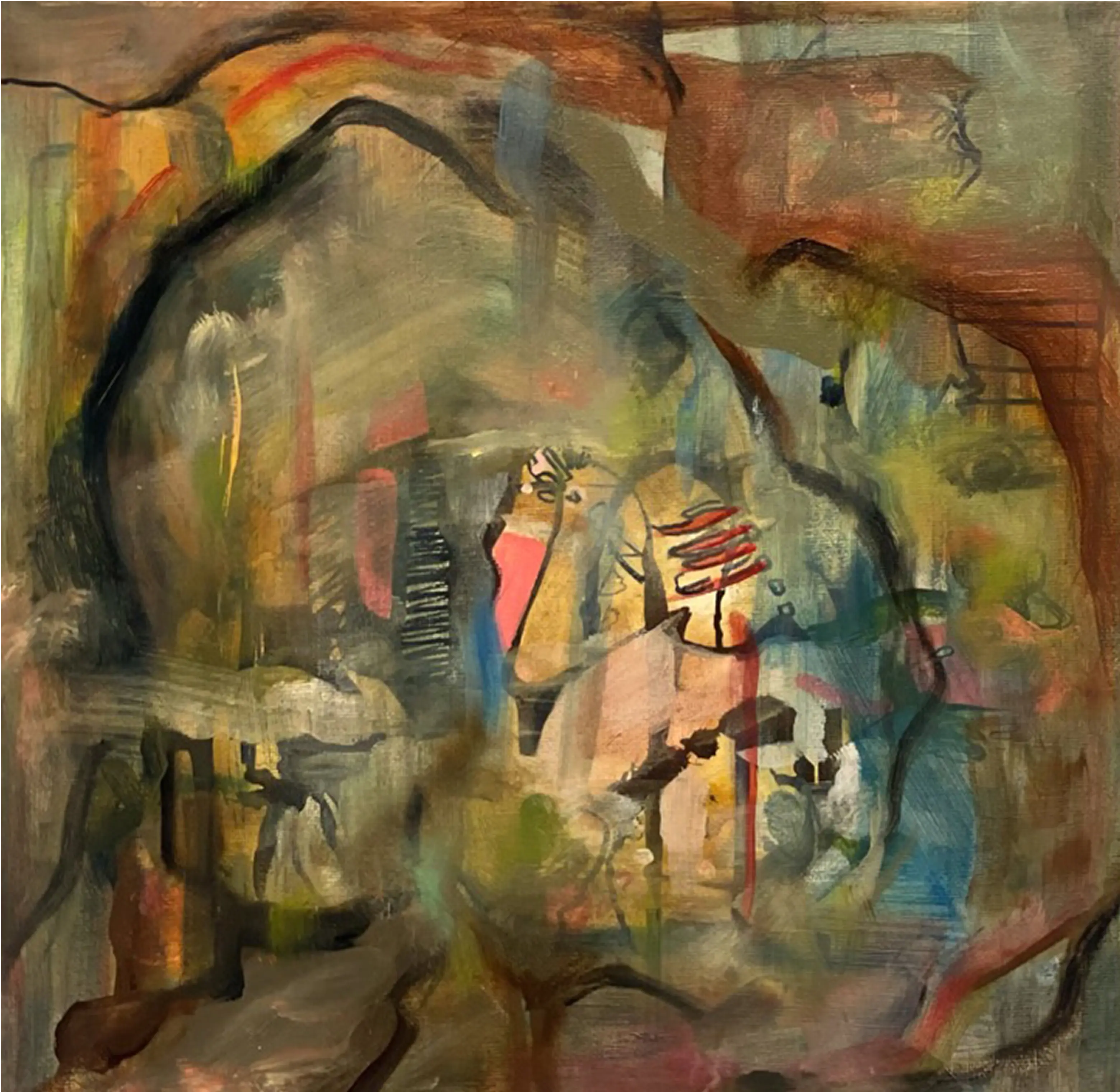 Layered gestures and soft edges in earthy tones form a dreamlike space, where shapes drift within a loose, grounding outline.