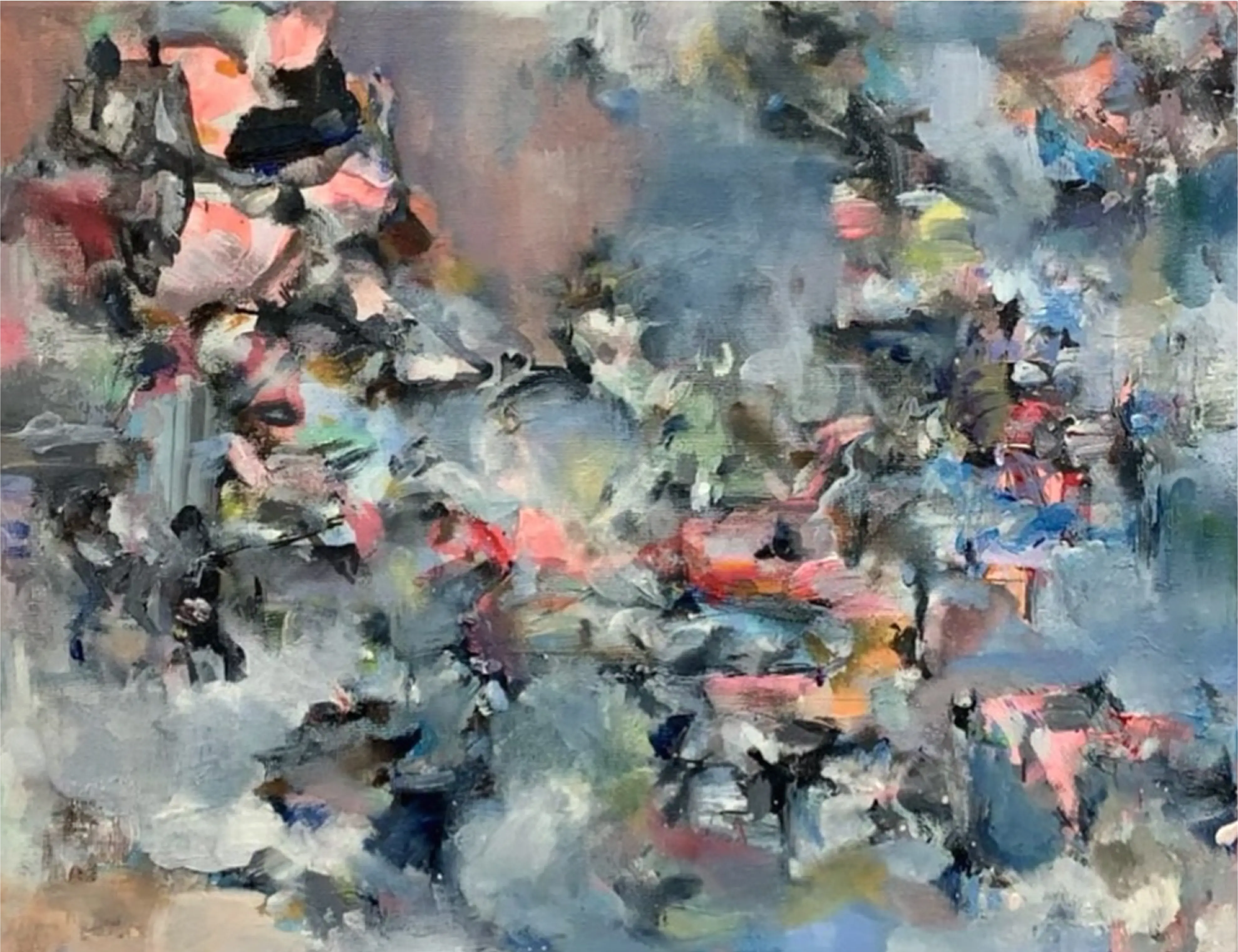 Abstract art in motion — soft blues and smoky greys collide with coral bursts, creating a charged, dreamlike terrain.
