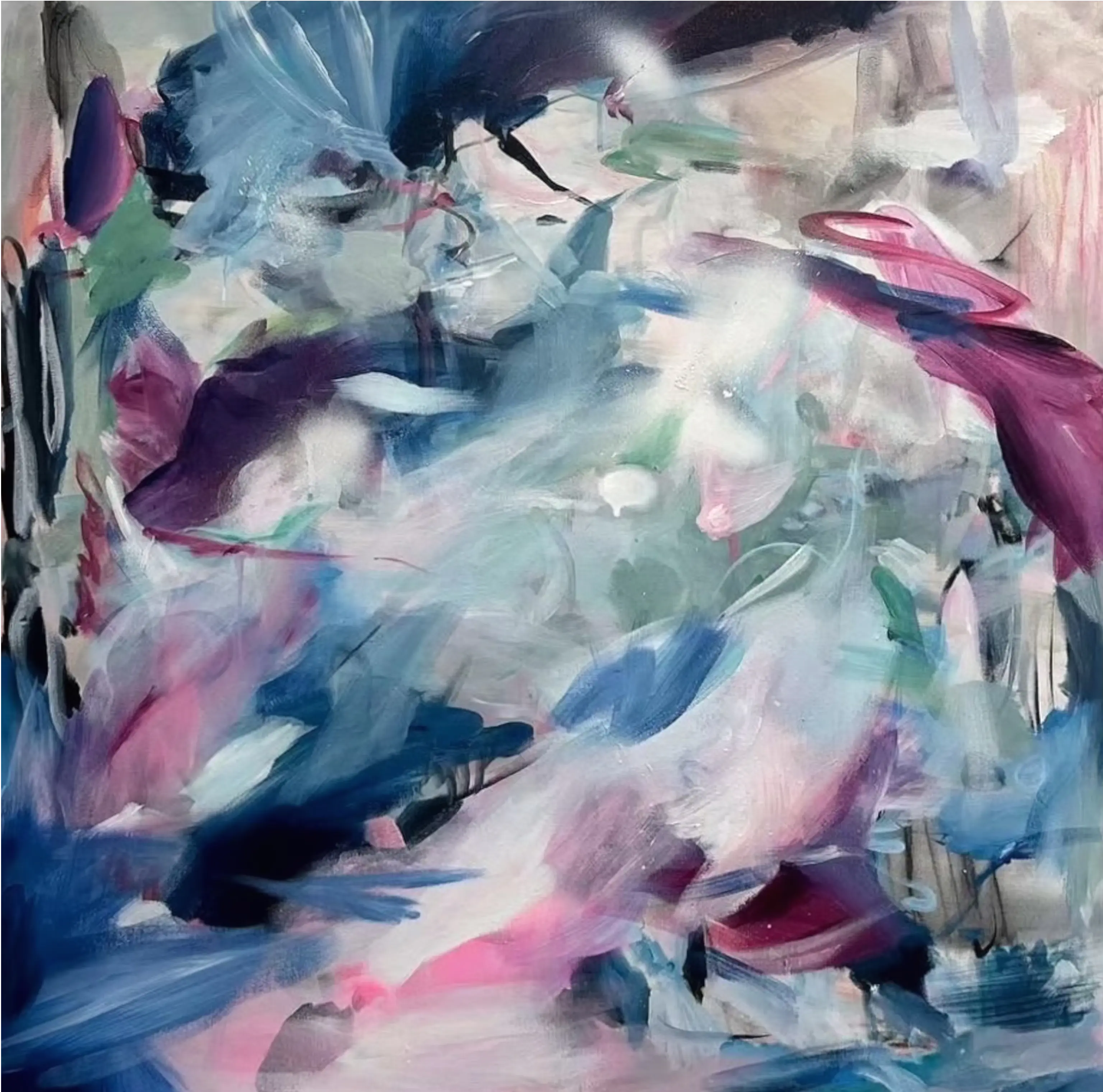 Swirls of violet, blue, and green drift across the canvas, evoking motion and memory in a loose, dreamlike composition.