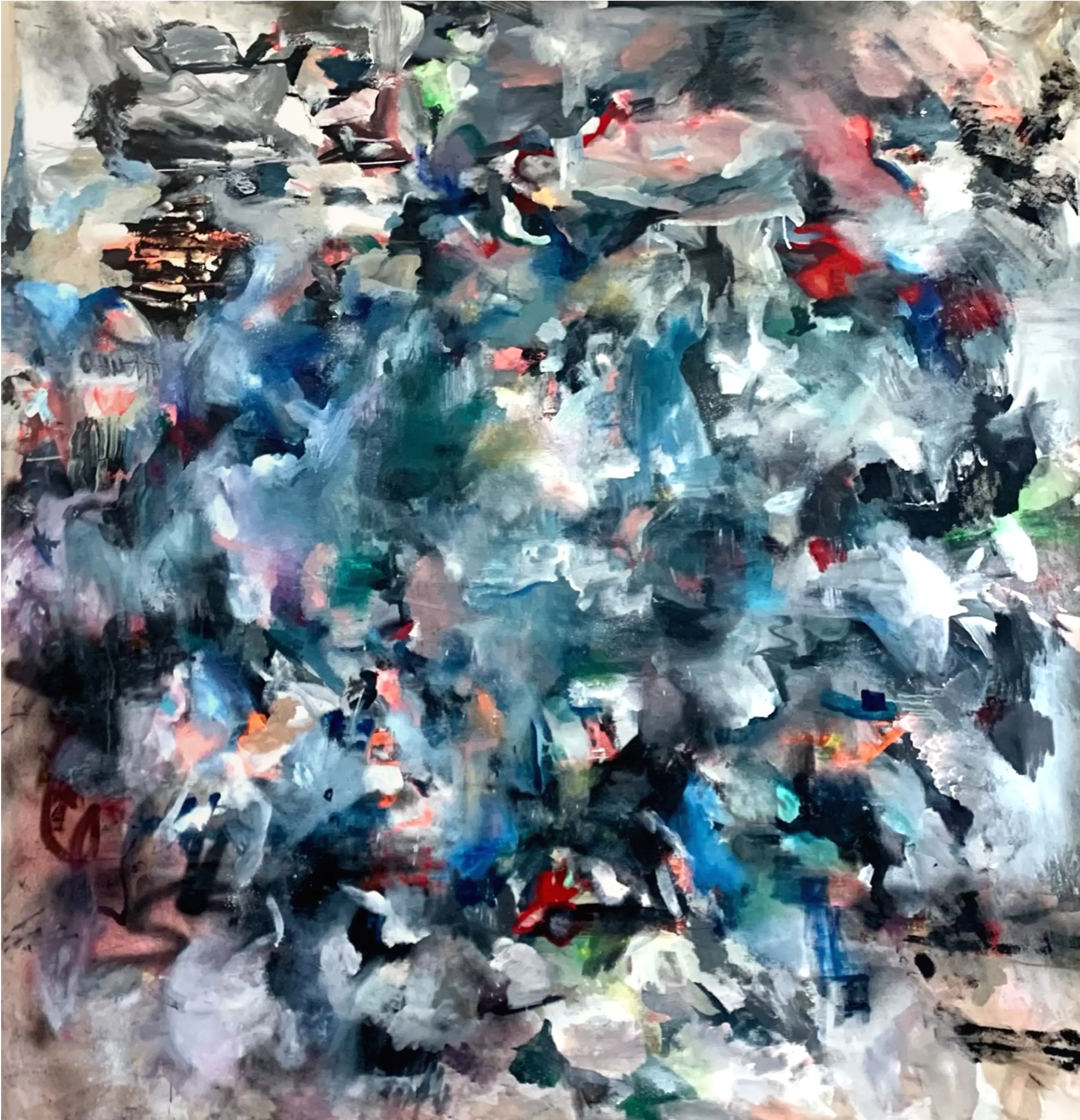 An blues, greys, and purples with bursts of red, green, and white, evoking emotional turbulence and fragmented perception.