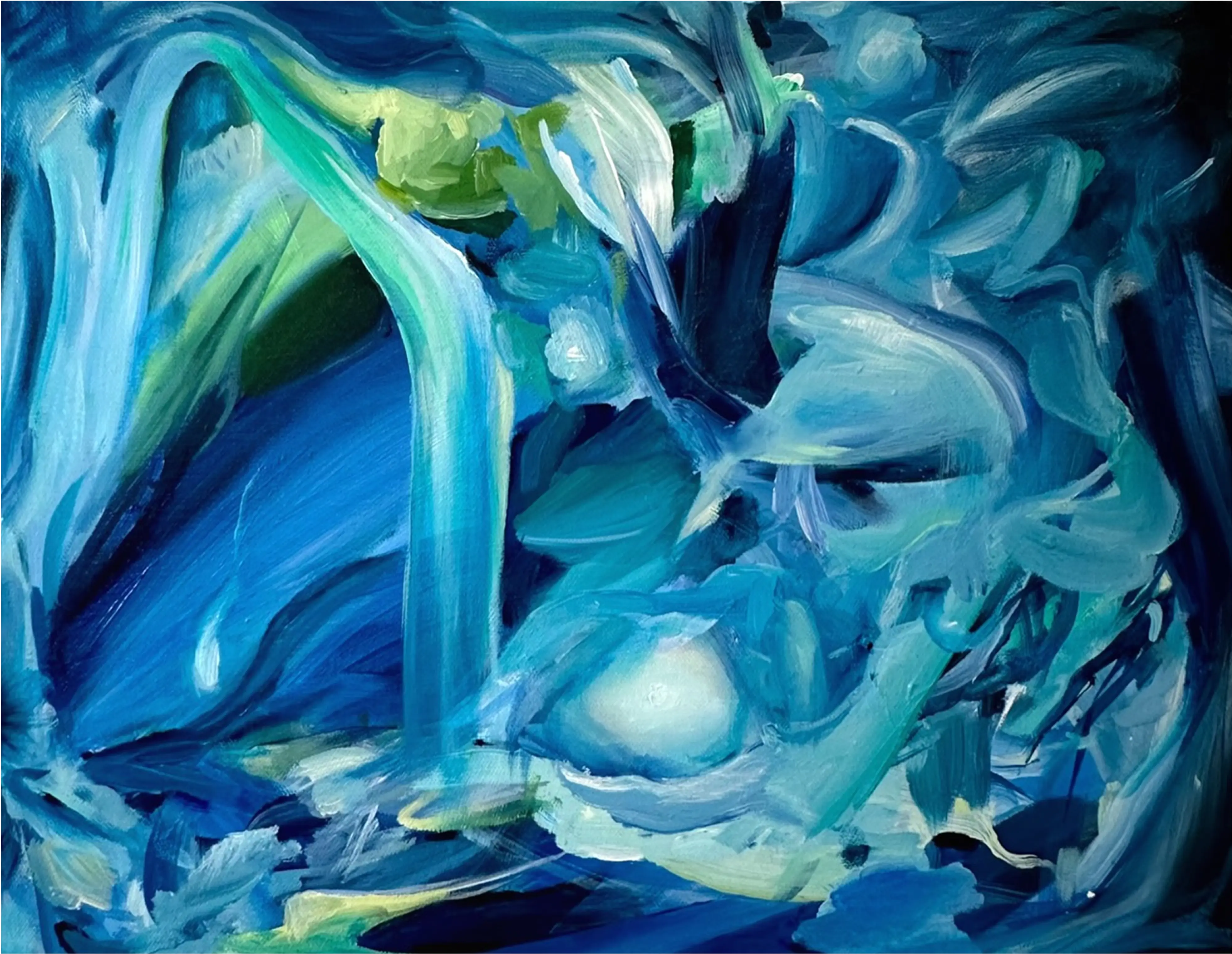 Expressive layers of cobalt and turquoise form a swirling composition with diagonal movement and cool-toned contrasts.
