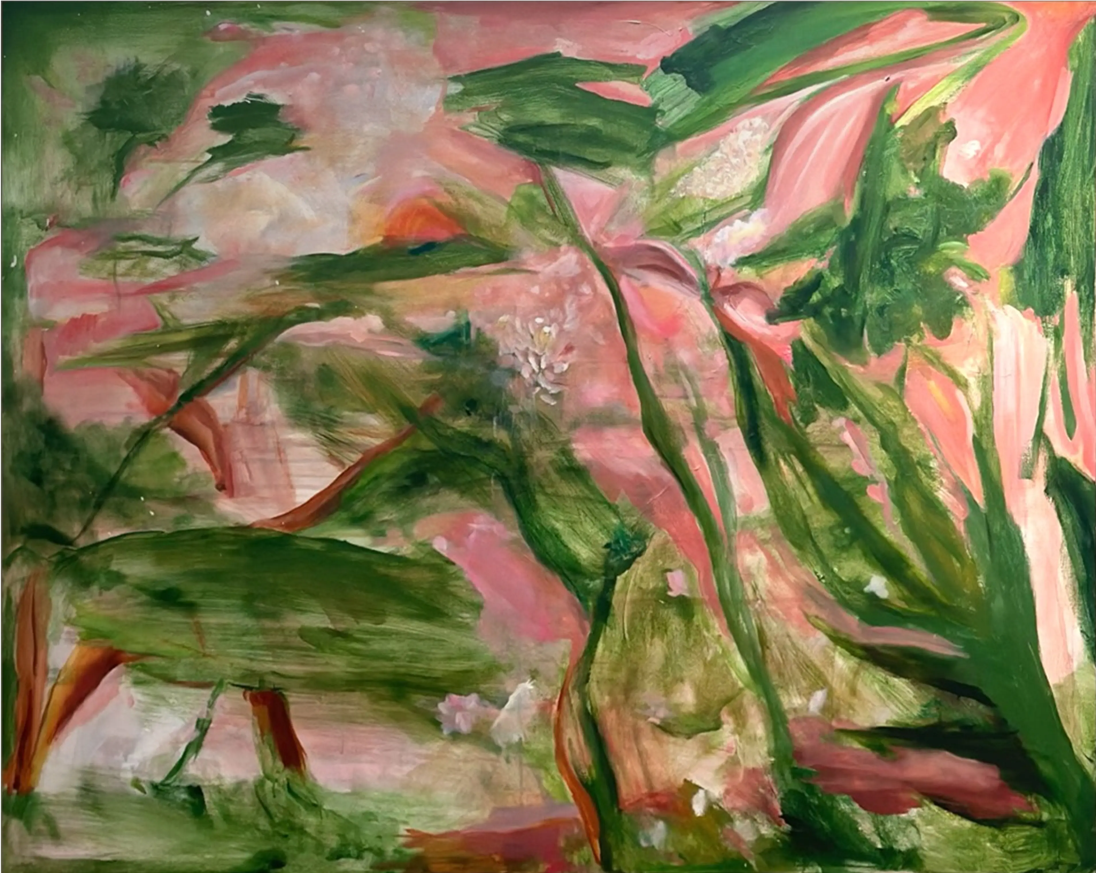 A tangle of lush greens and coral pinks evokes the rhythm of a blooming scene—fluid, sunlit, and filled with quiet ecstasy.