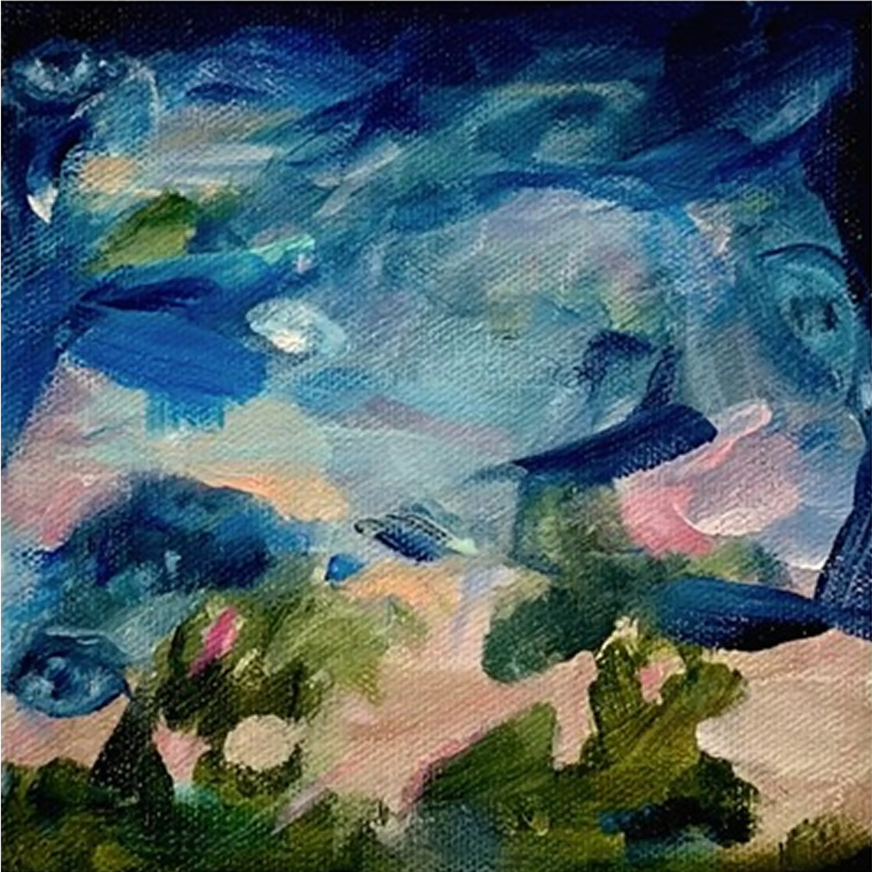 A drifting blue haze reveals eyes and floral traces, with soft greens and pinks flickering through a dreamlike, quiet memory.