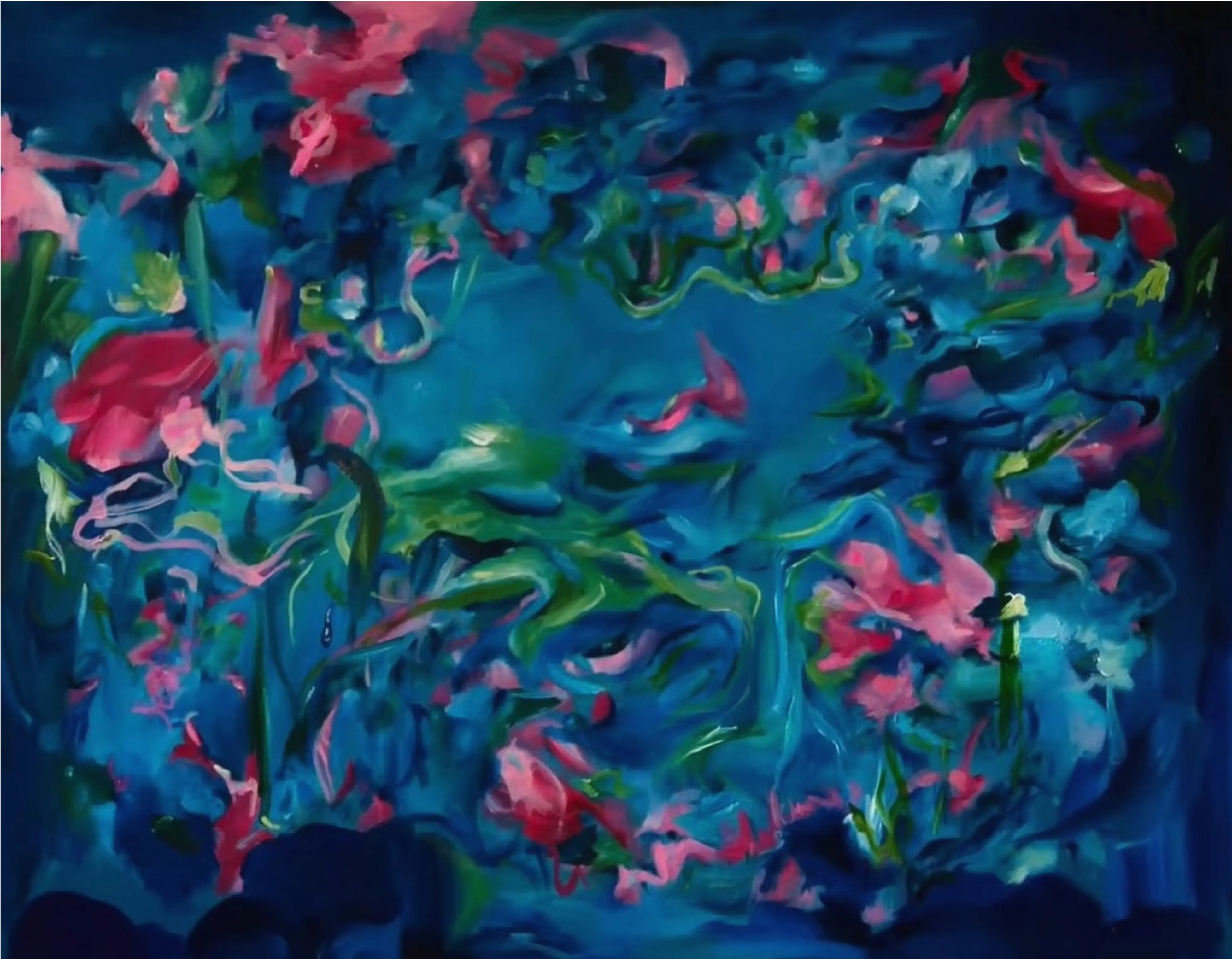 Blues, pinks, and greens swirl in a fluid abstract scene, creating motion and a soft, dreamlike atmosphere.