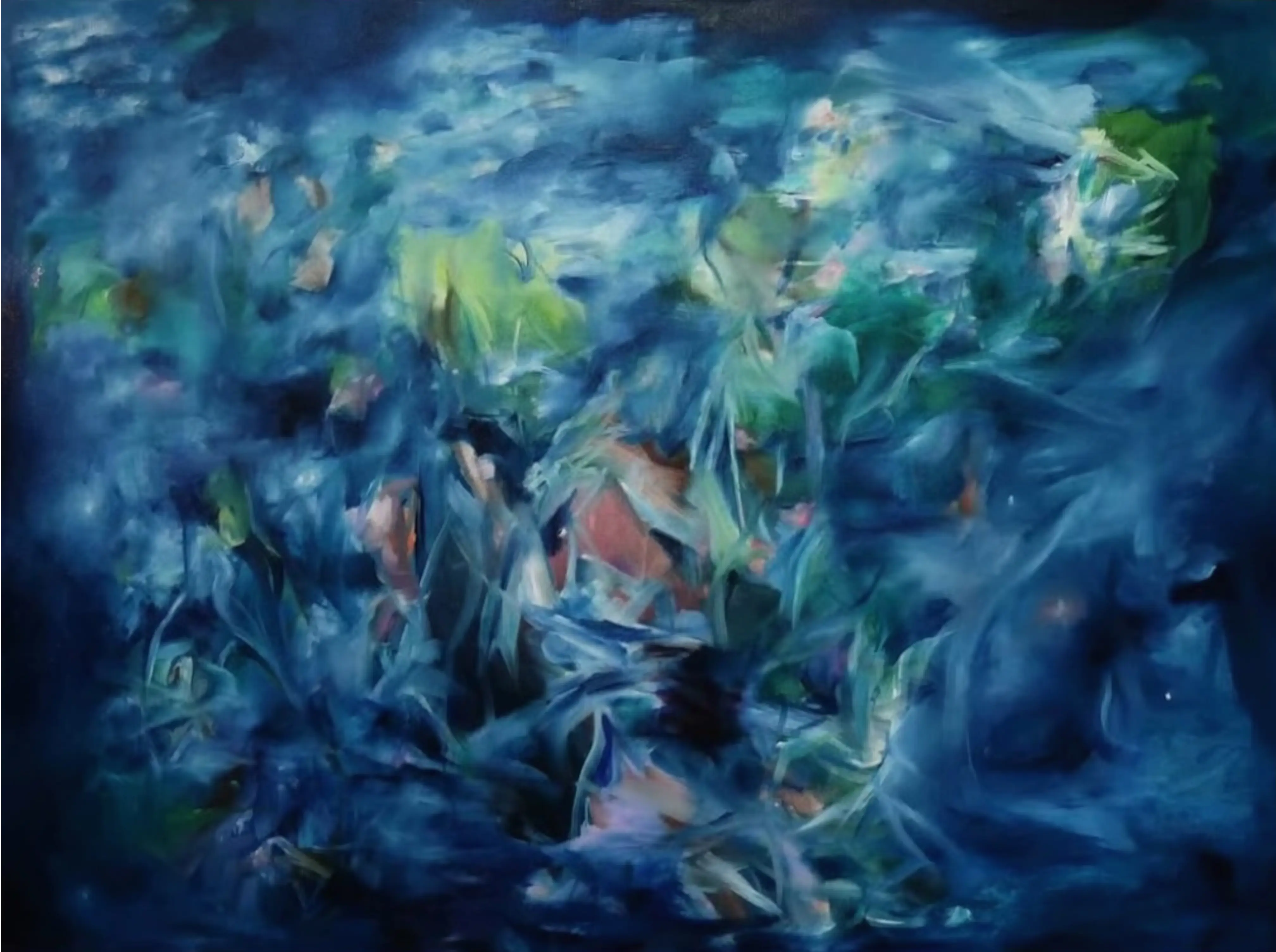 Swirls of blue and green blend into a dreamlike scene, evoking an underwater world filled with movement and mystery.