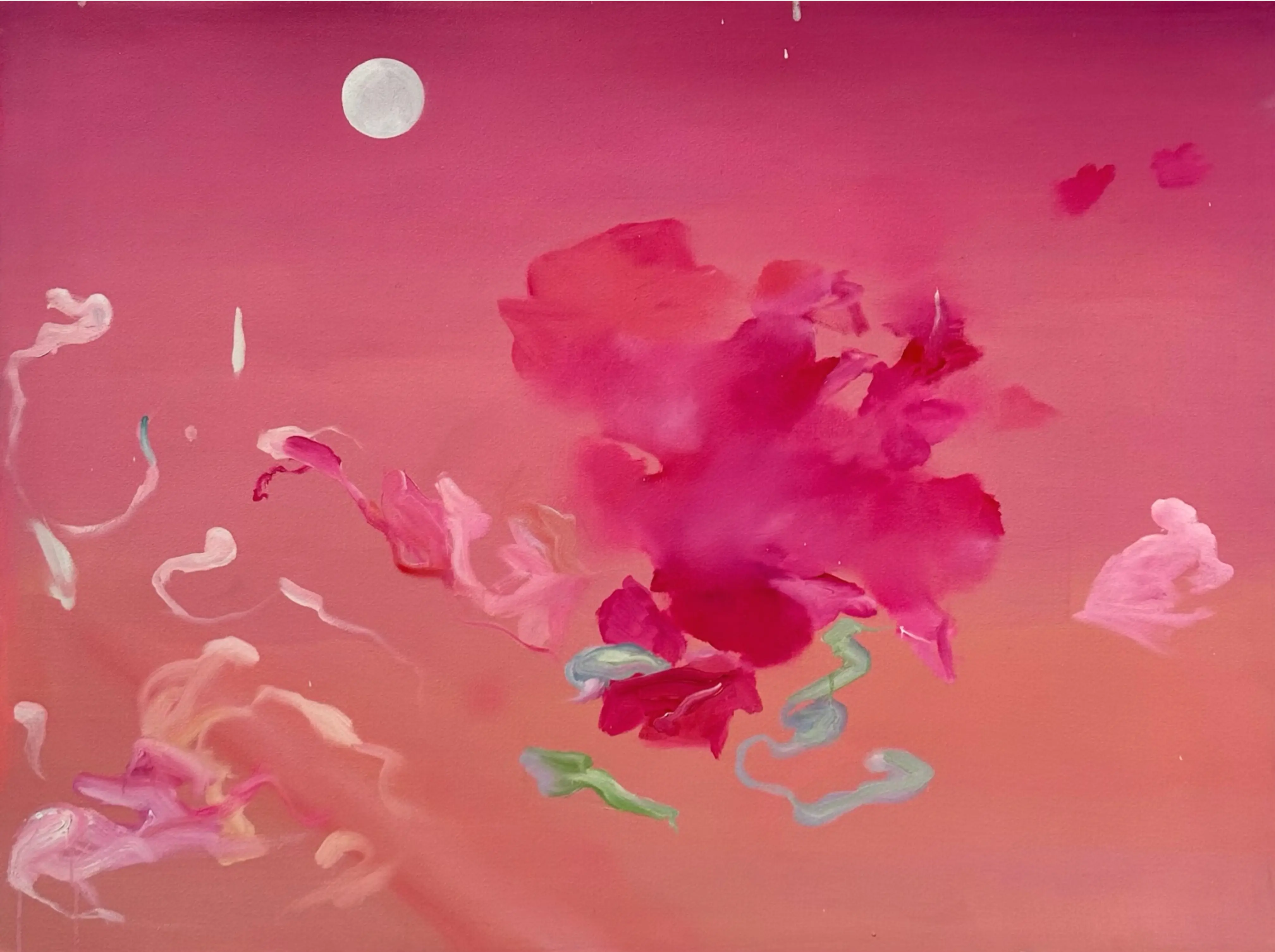 A pink bloom melts into ribbons of blush, mint, and lilac beneath a pale moon, floating in a warm gradient sky.