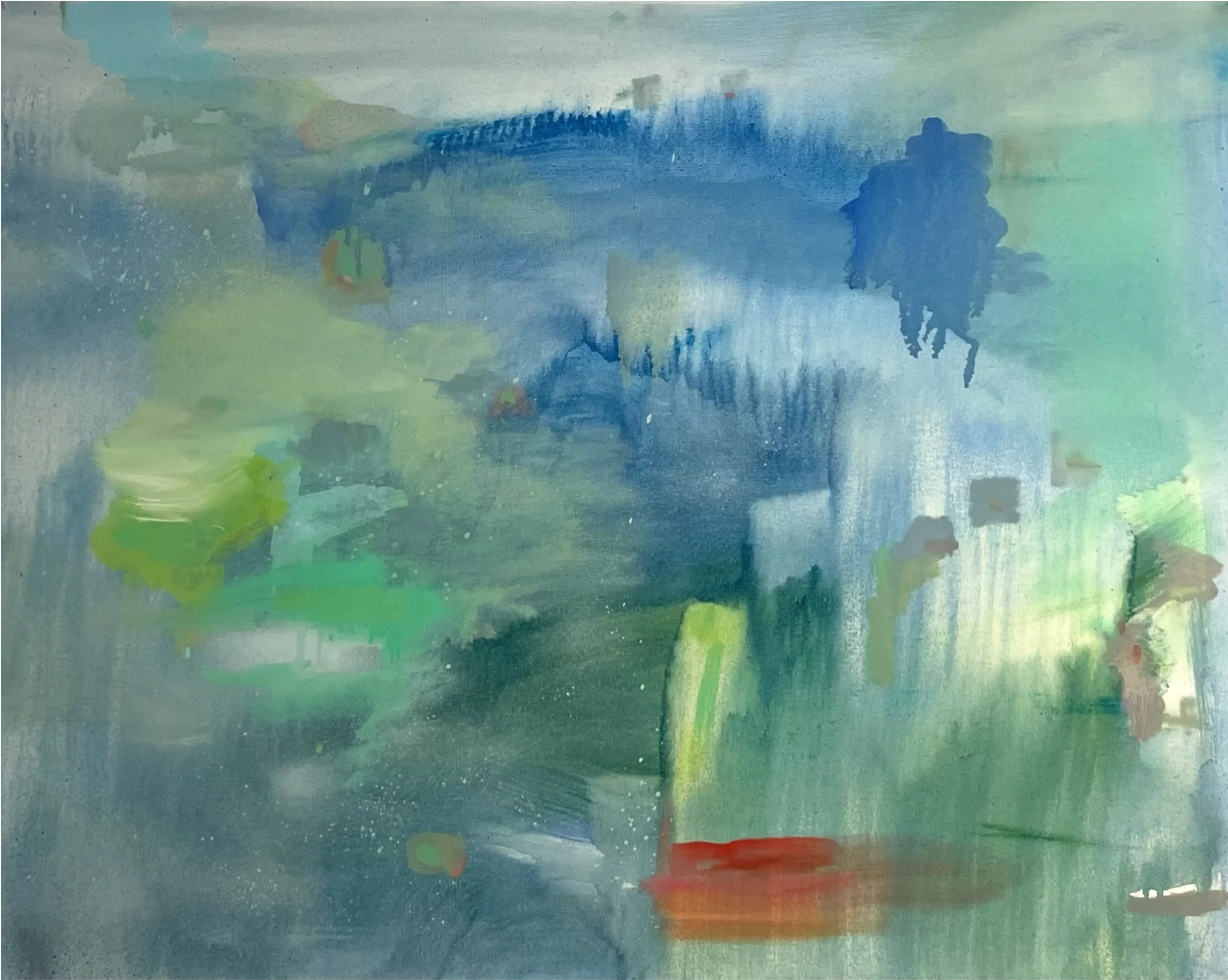 Soft green and blue gradients flow with gestures and specks, creating a scene suspended between motion and stillness.