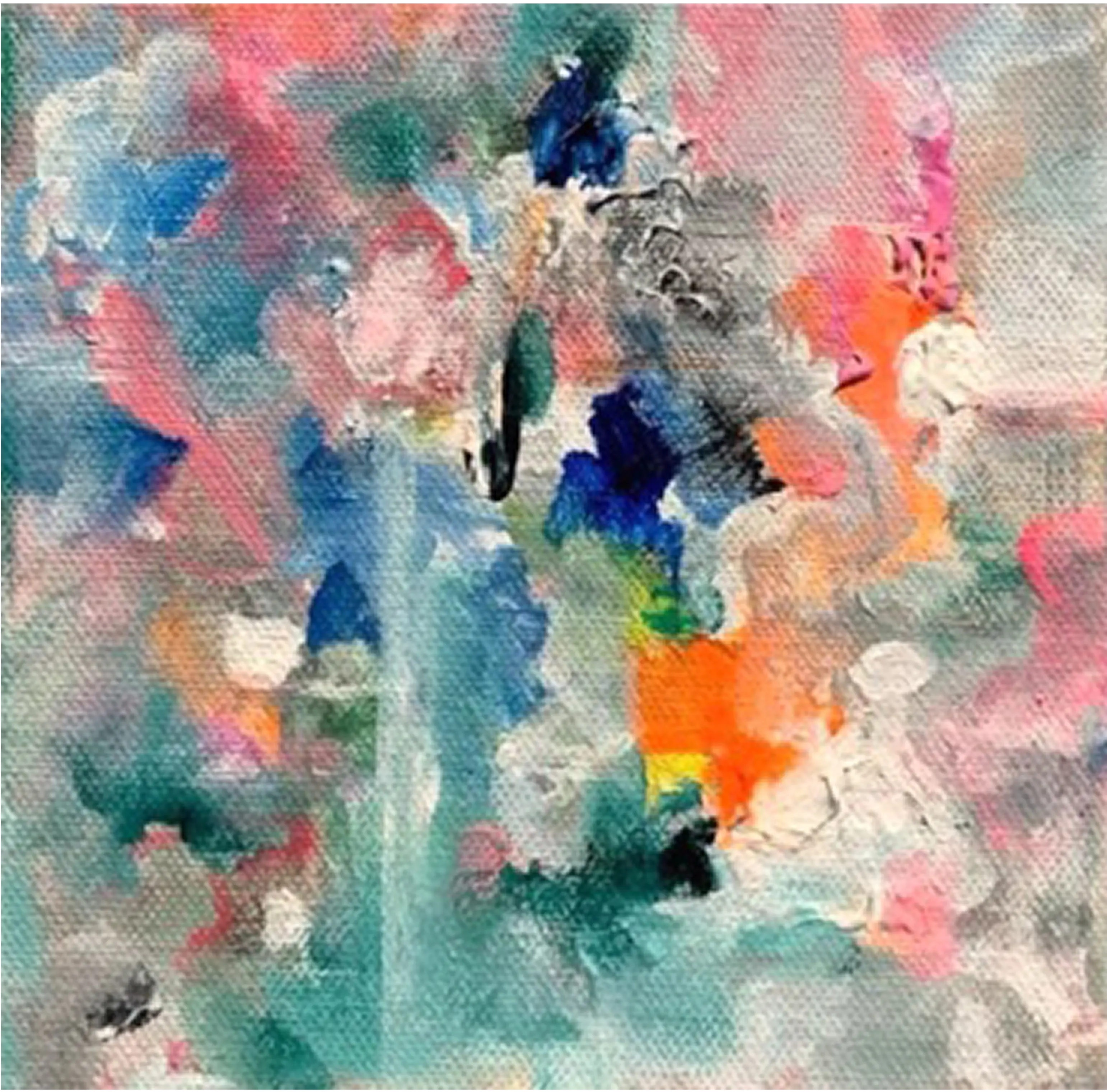 Small abstract with thick strokes. Blue and orange pop from soft pastels and gray, creating a vibrant, energetic surface.