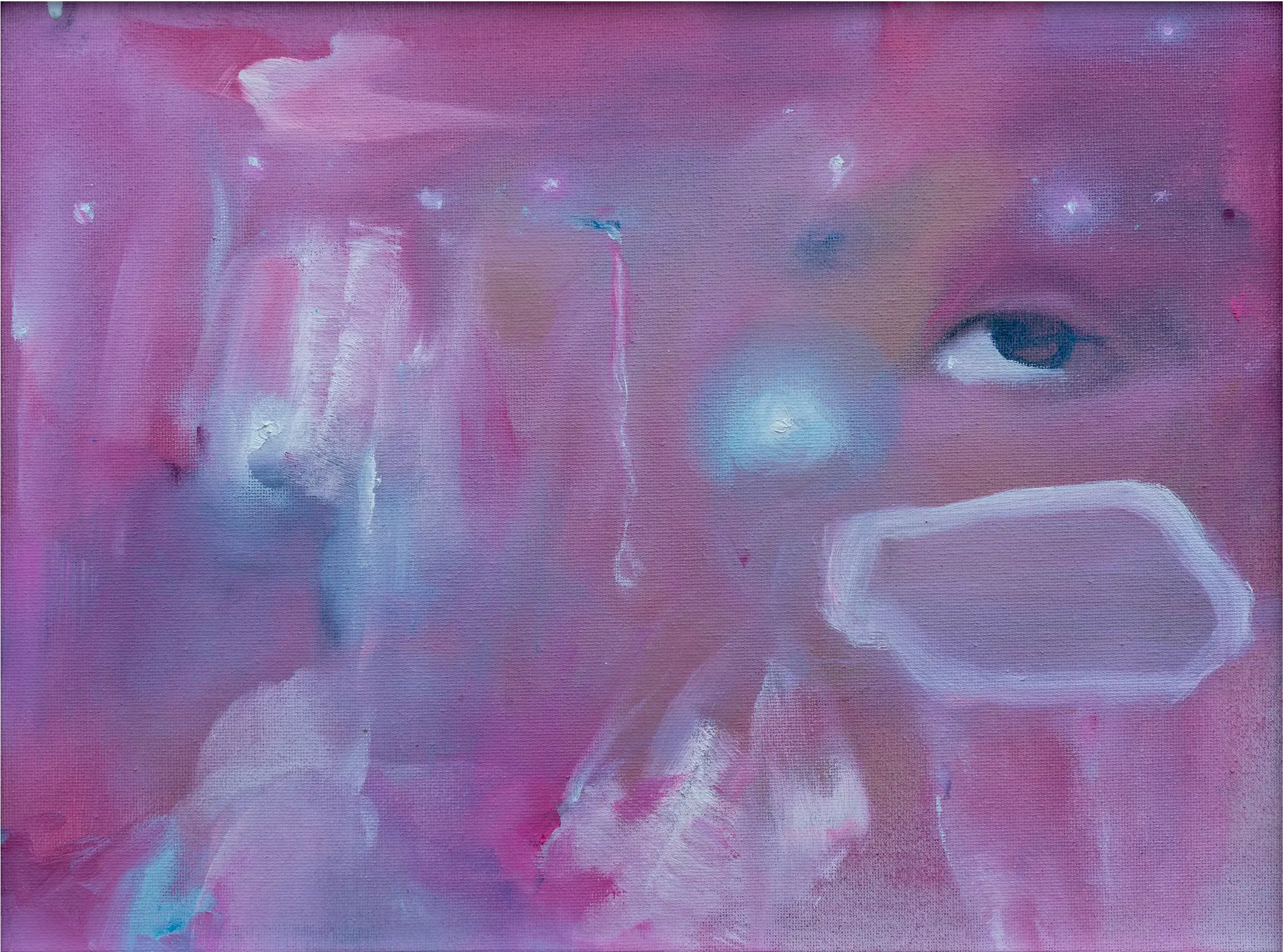 A hazy field of pinks and purples where an eye and sunglasses emerge through soft strokes, like constellations in a dream.