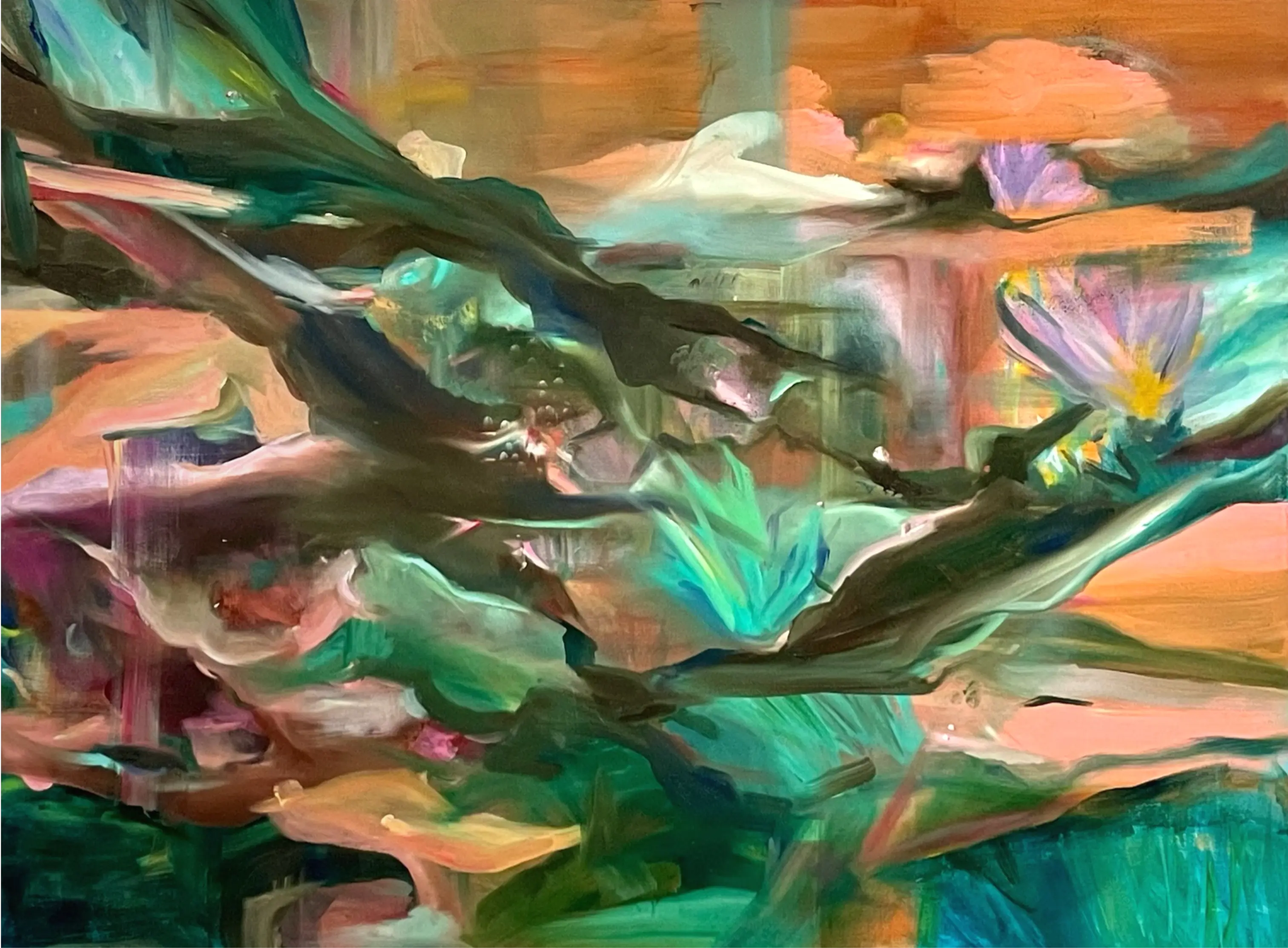Abstract painting with vivid greens, pinks, and oranges; floral forms and soft textures hint at a dreamlike, scorched world.