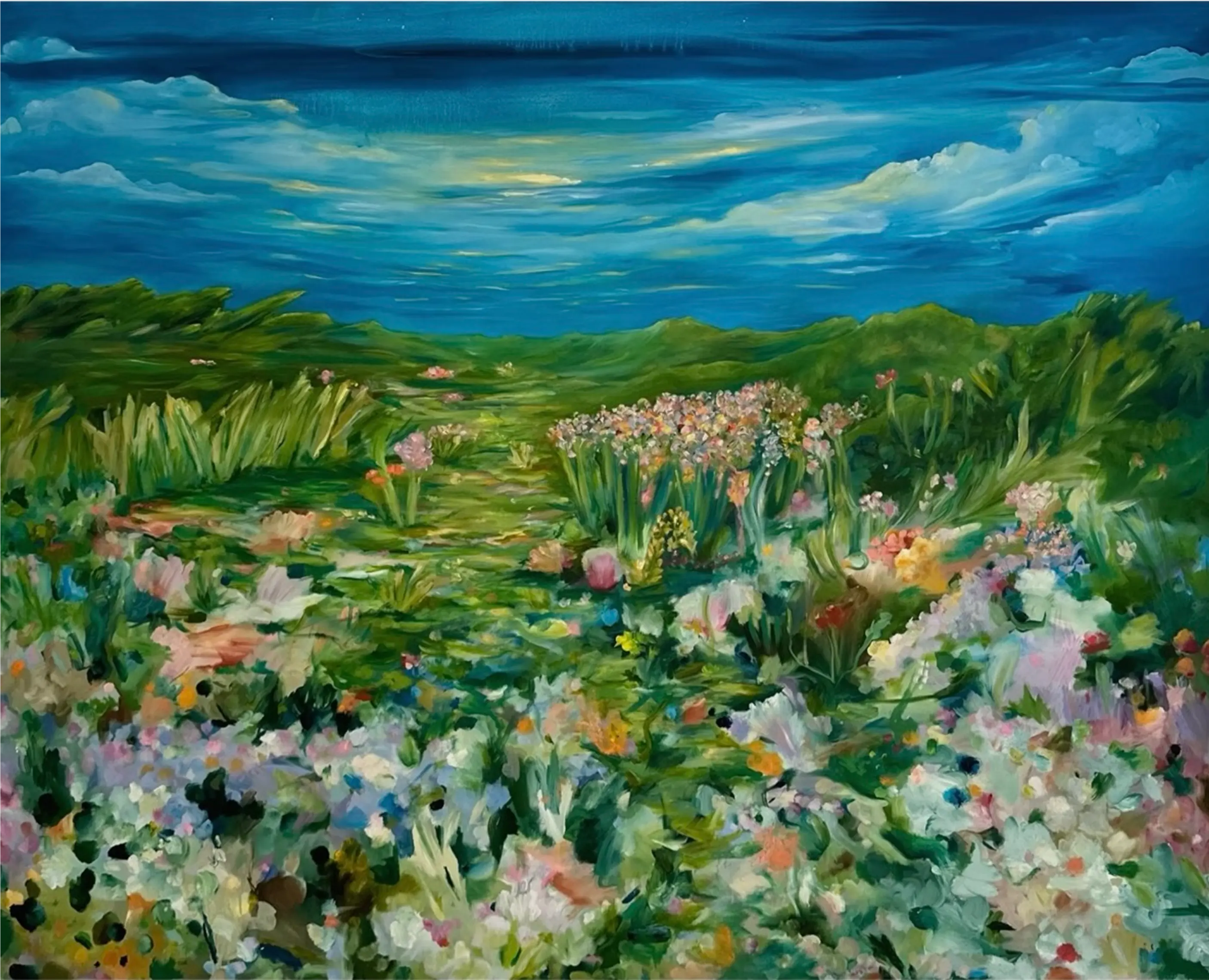 A lush field of wildflowers under a glowing sky, where rich greens blend with pastels in a soft, dreamlike open landscape.