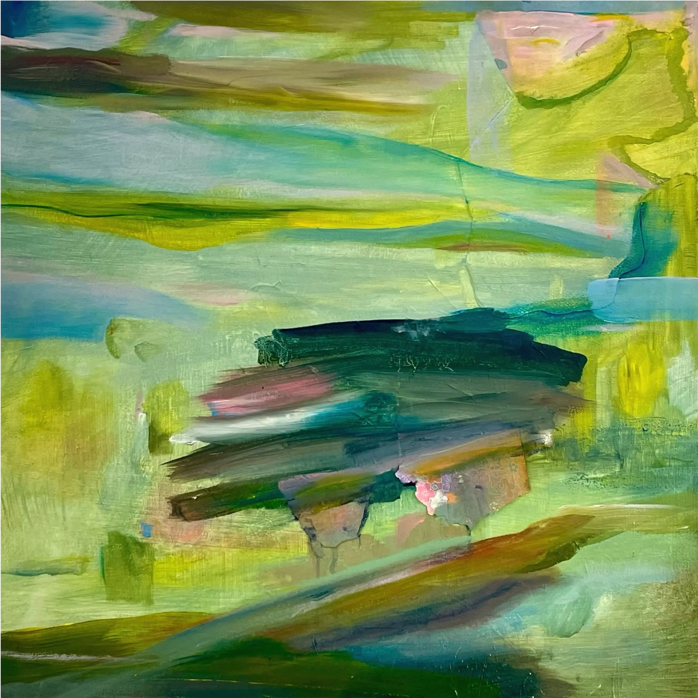 Vibrant greens and turquoise drift with soft pinks and earthy tones, forming a shifting terrain — part memory, part mirage.