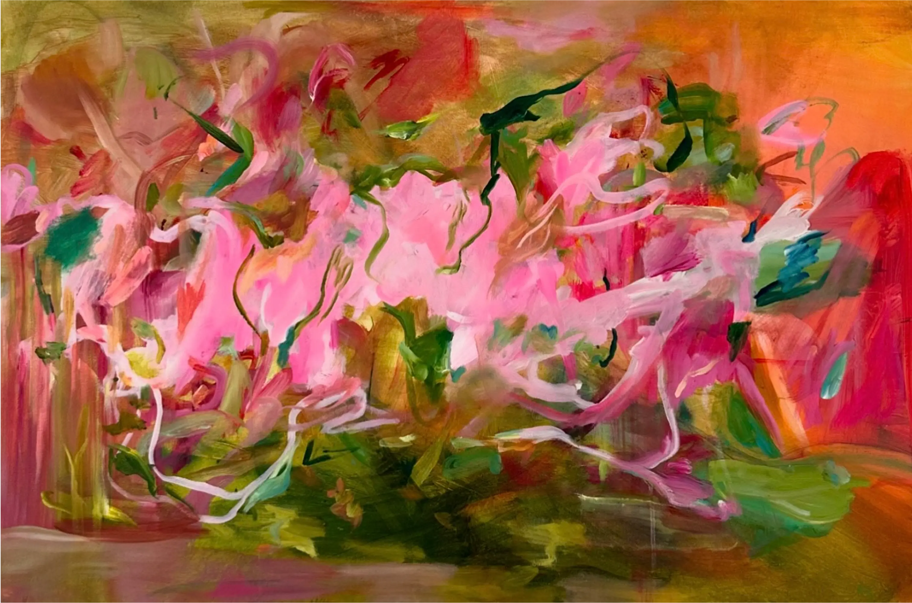 Pink florals twist through green and orange strokes, capturing the vivid energy of growth and emotional transformation.