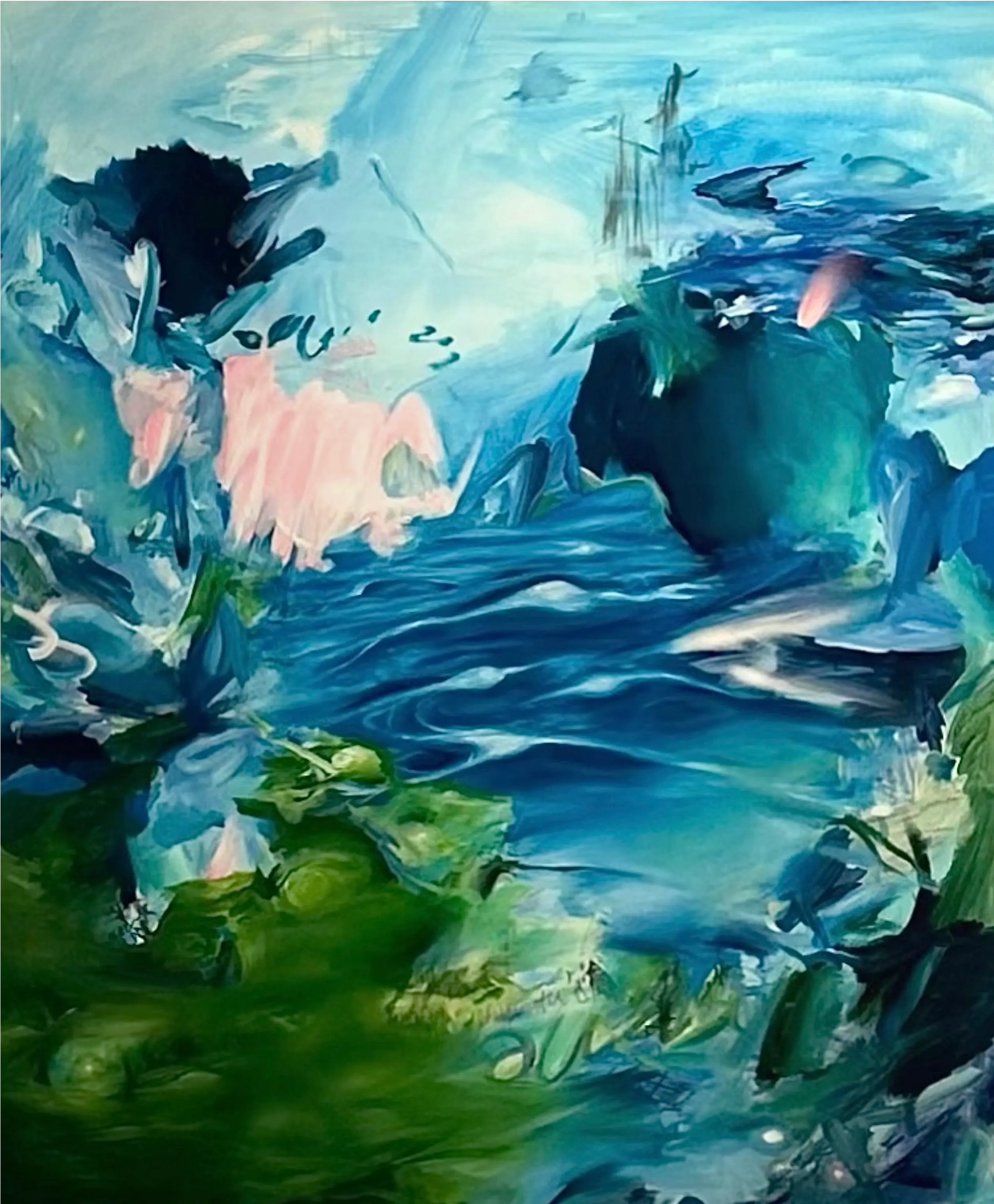 An abstract painting featuring flowing swirls of blue, green, and hints of pink, evoking a serene, dreamlike landscape.