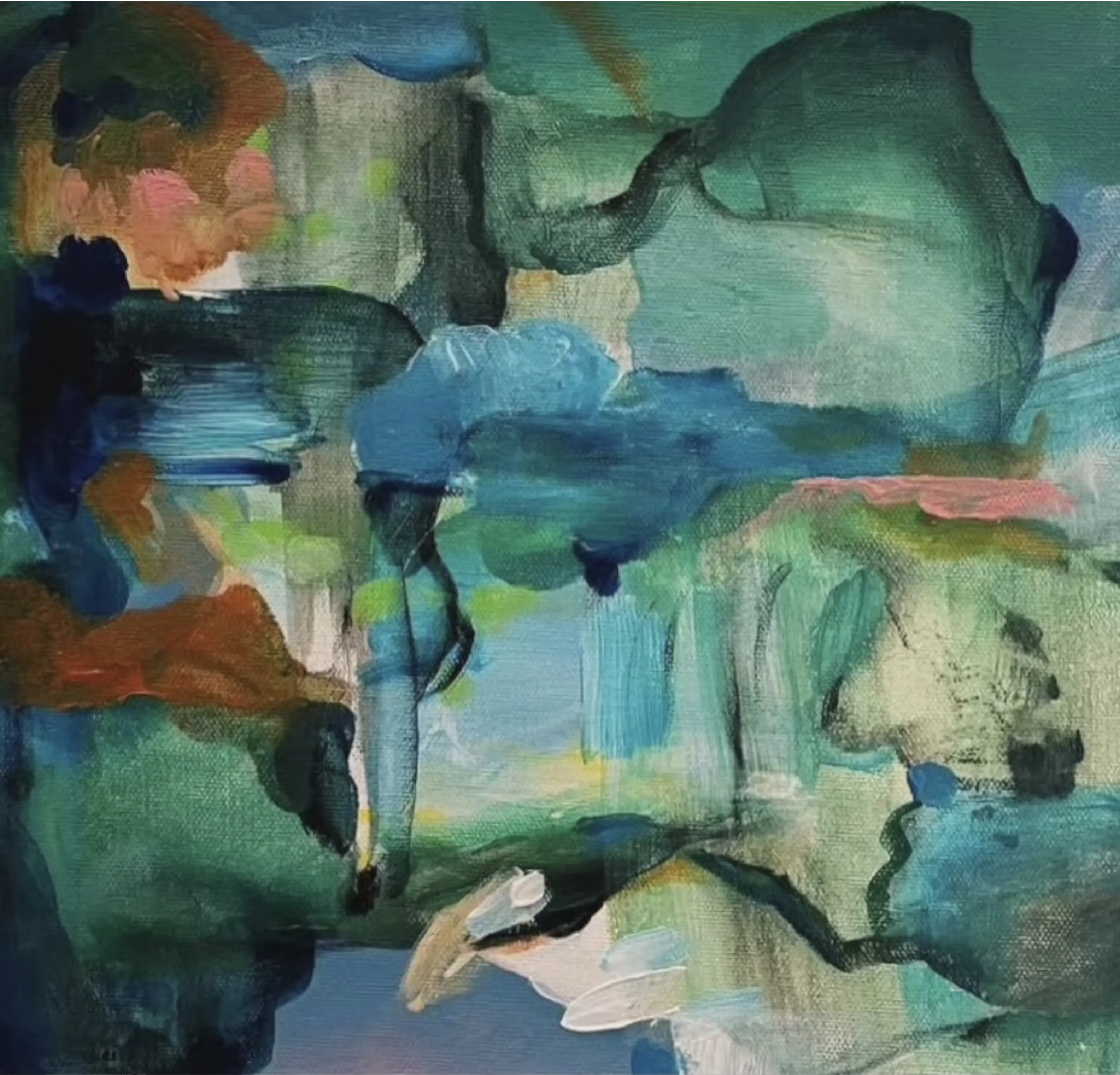 Layered green and blue forms create rhythmic flow, with soft washes and bold strokes adding depth and motion.