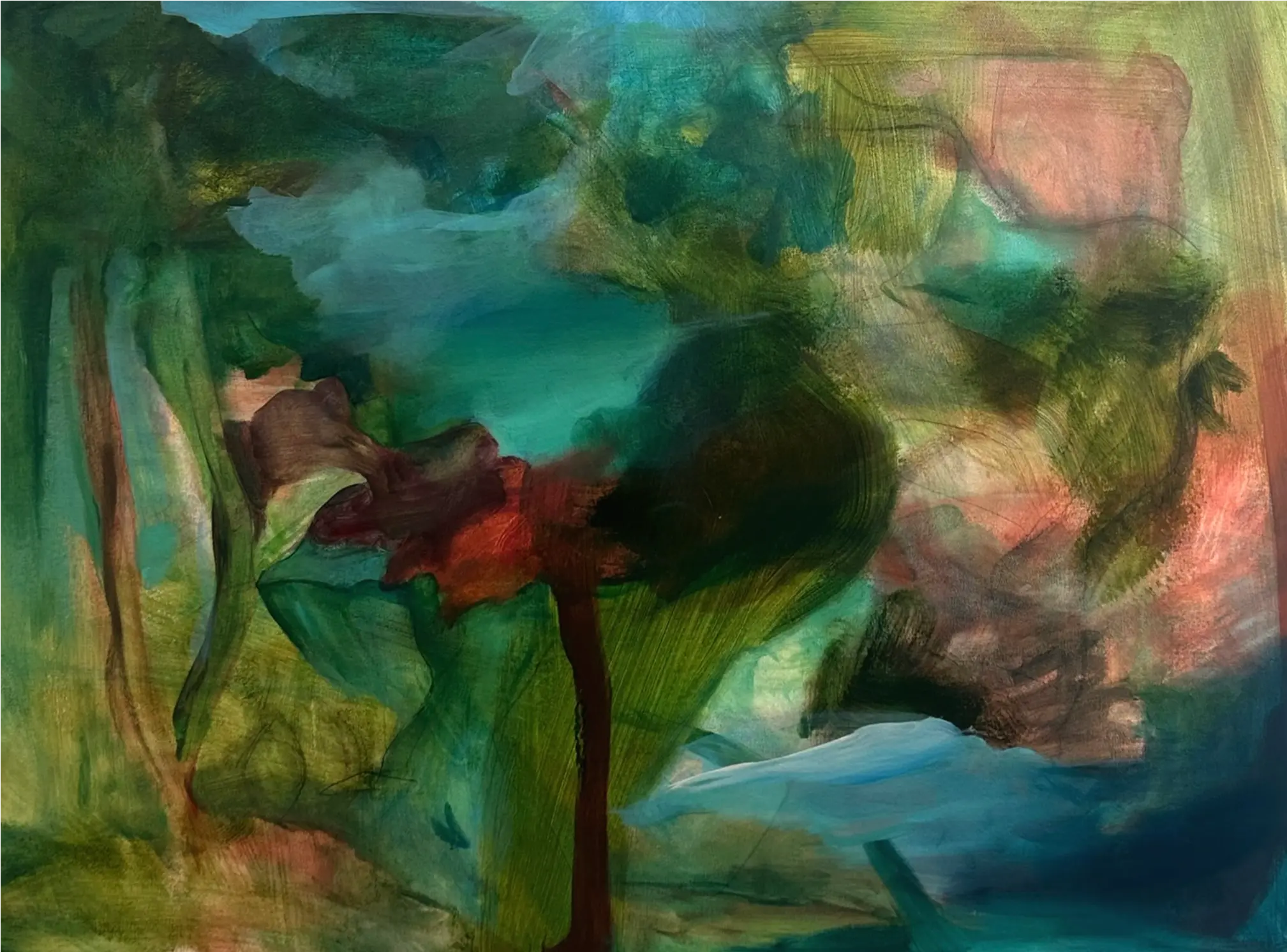 Organic forms flow through green and red layers, with soft edges and translucent washes shaping a fluid, atmospheric scene.