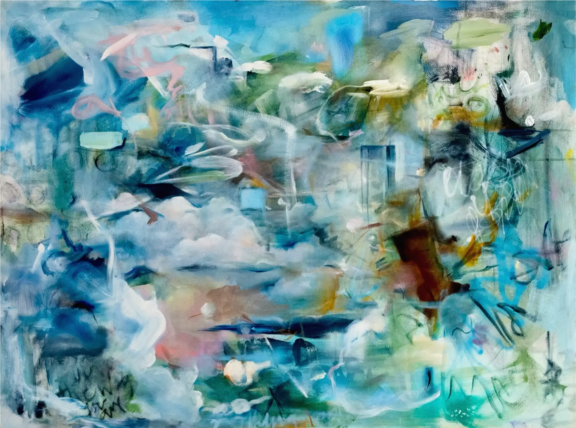 Abstract painting with swirling hues of blue, green, and pink, showcasing a dynamic interplay of shapes and textures.