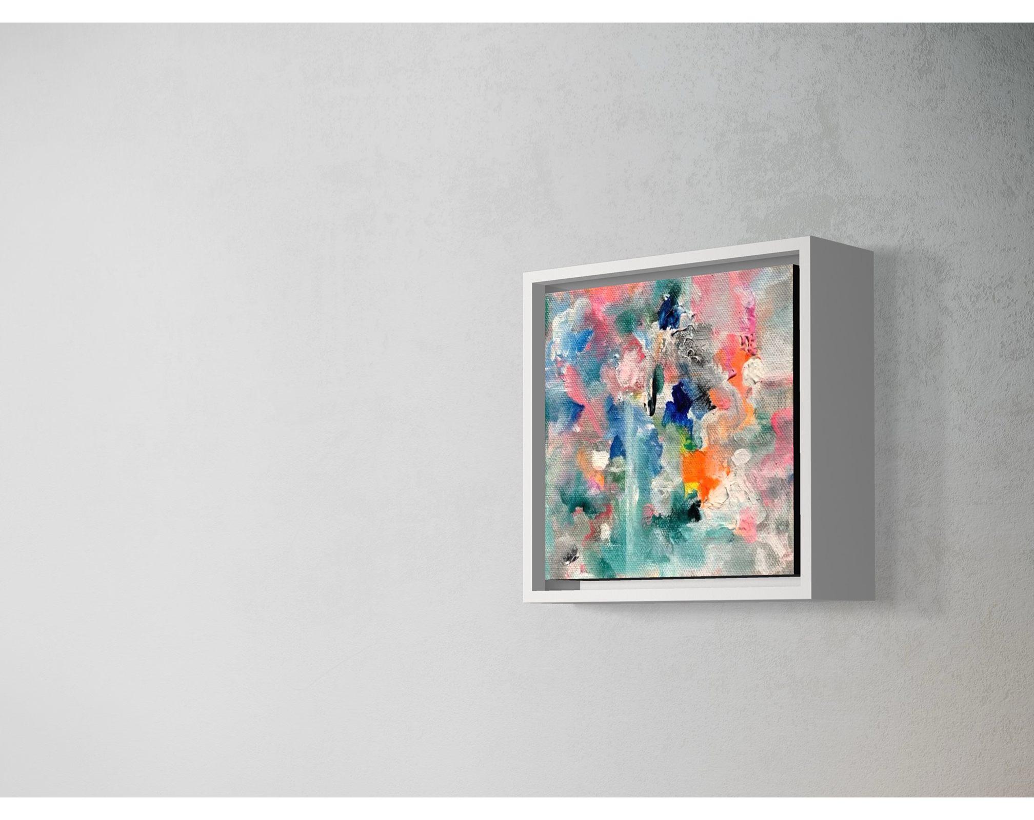 Textured gray wall with a white-framed abstract painting titled "Love," featuring bright, layered strokes and soft colors.