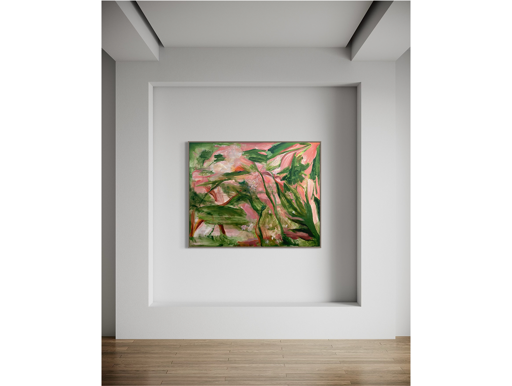 Framed painting titled "This Heaven" hangs in a recessed wall space of a modern room with white walls and wooden flooring.