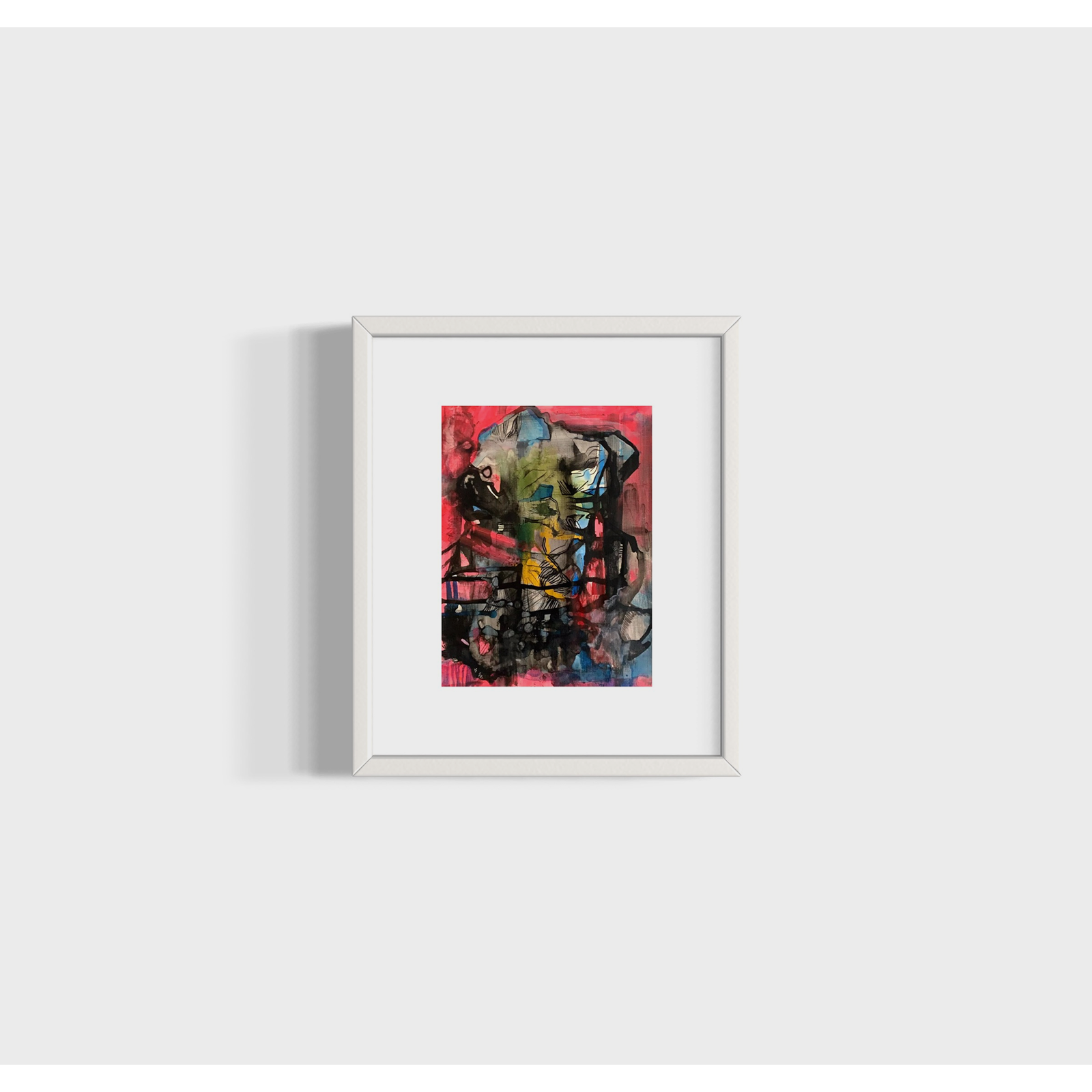 Light gray wall with a framed abstract painting titled "Brain" featuring bold red, yellow, and black tones.