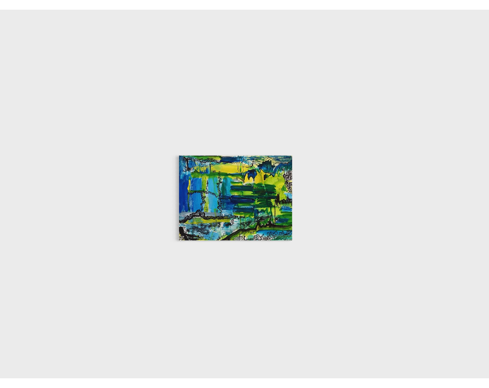 Minimalist interior with a light gray wall. Abstract painting titled "Disconnect" hangs at the center.