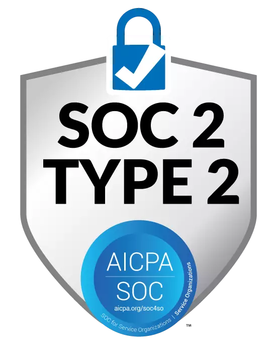 SOC 2 Type 2 compliance badge with AICPA logo and shield design