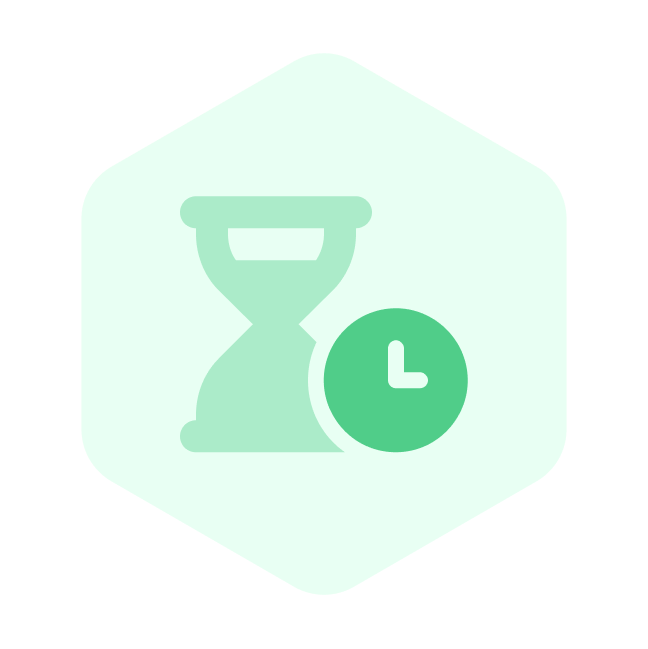 Green hourglass and clock icon inside a light green hexagon.