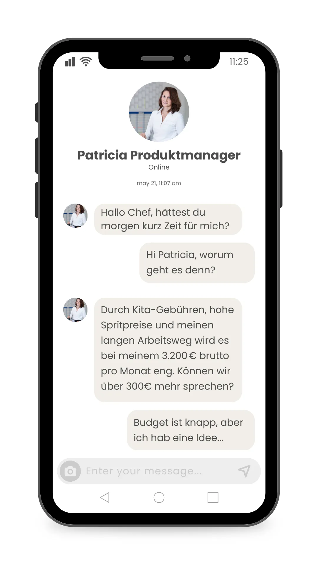 Smartphone-Simulation eines Gehaltsgesprächs – zeigt die steigenden Lebenshaltungskosten als Anlass für eine alternative Gehaltserhöhung mit steuerfreien Benefits.