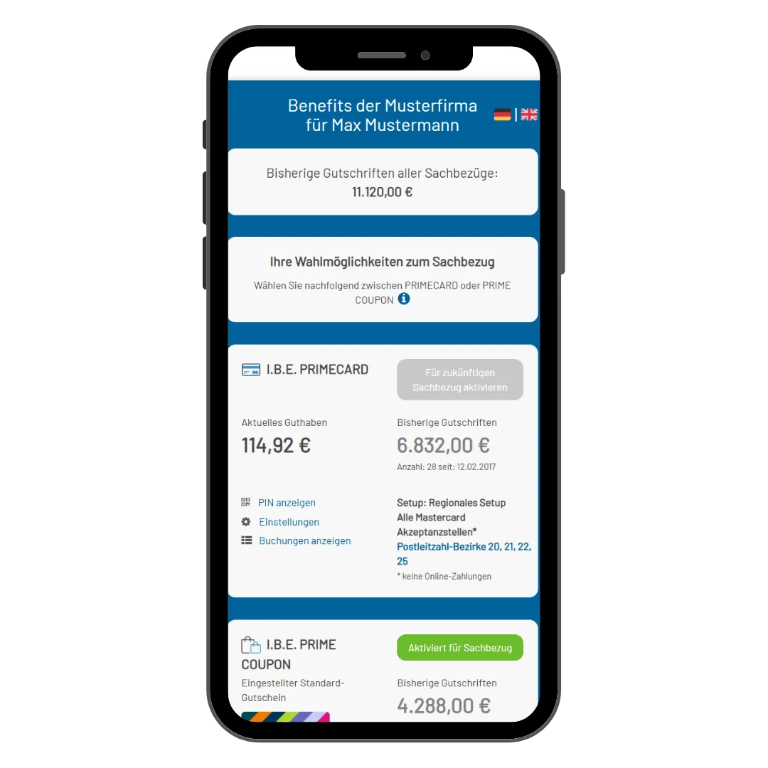Smartphone-Ansicht zeigt Benefit-Auswahl, Prepaidkarten, Coupons und Nutzungsverlauf – steht für einfache, mobile Mitarbeiterverwaltung steuerfreier Leistungen.