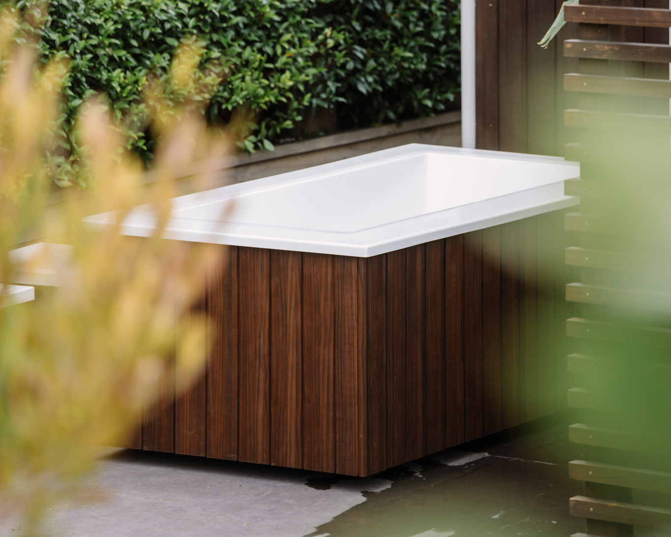 Star Bath in teak timber cladding nestled in a courtyard garden with climbing greenery