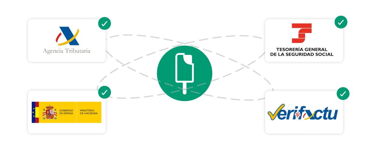 Ilustración con logotipos de la Agencia Tributaria, Tesorería General de la Seguridad Social, Ministerio de Hacienda y Verifactu conectados por líneas a un icono central.