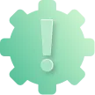 Icono verde de engranaje con signo de exclamación que representa las consecuencias del incumplimiento.