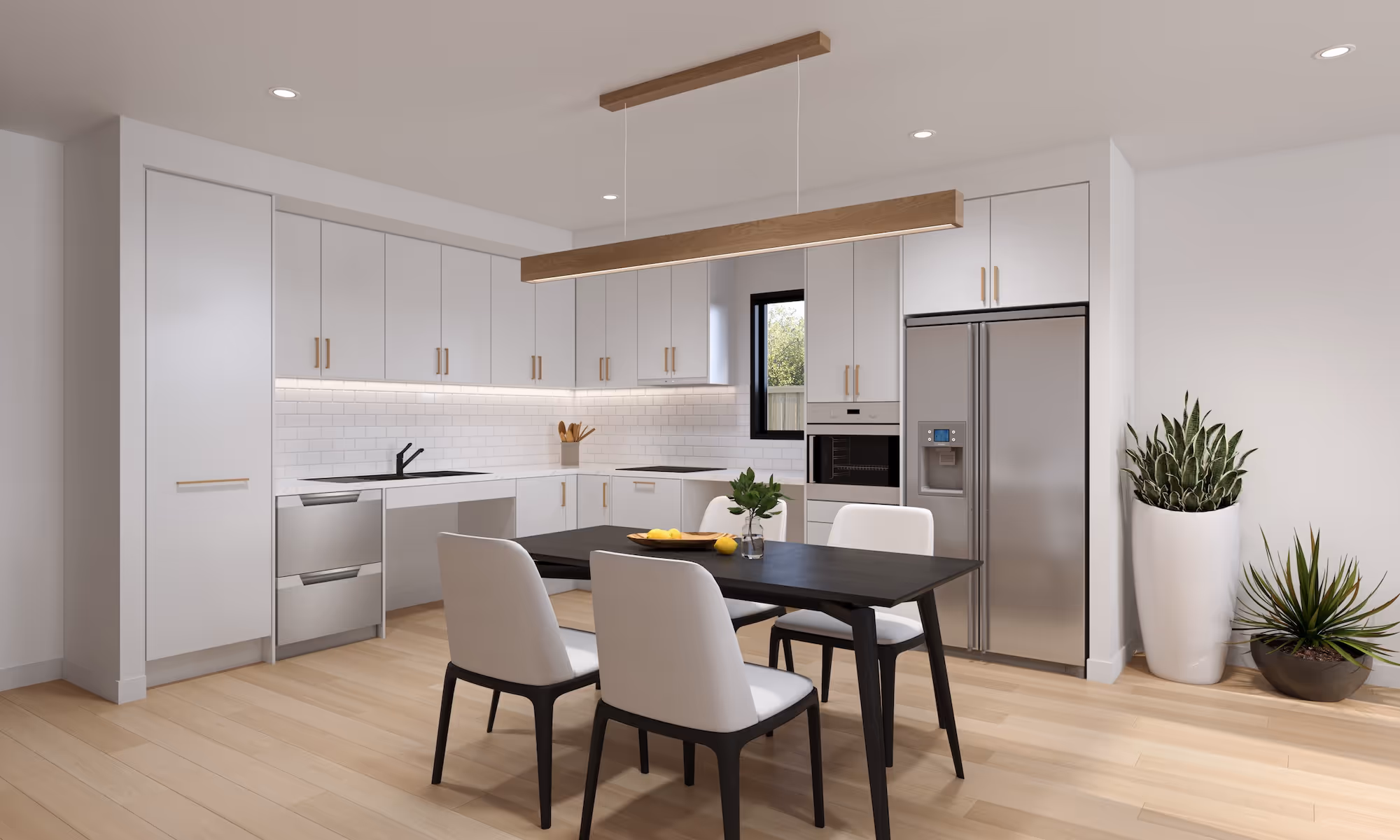 A contemporary kitchen and dining area with an open plan layout: a central dining table, modern cabinetry, pendant lighting overhead, and wide clear floor space for mobility access.