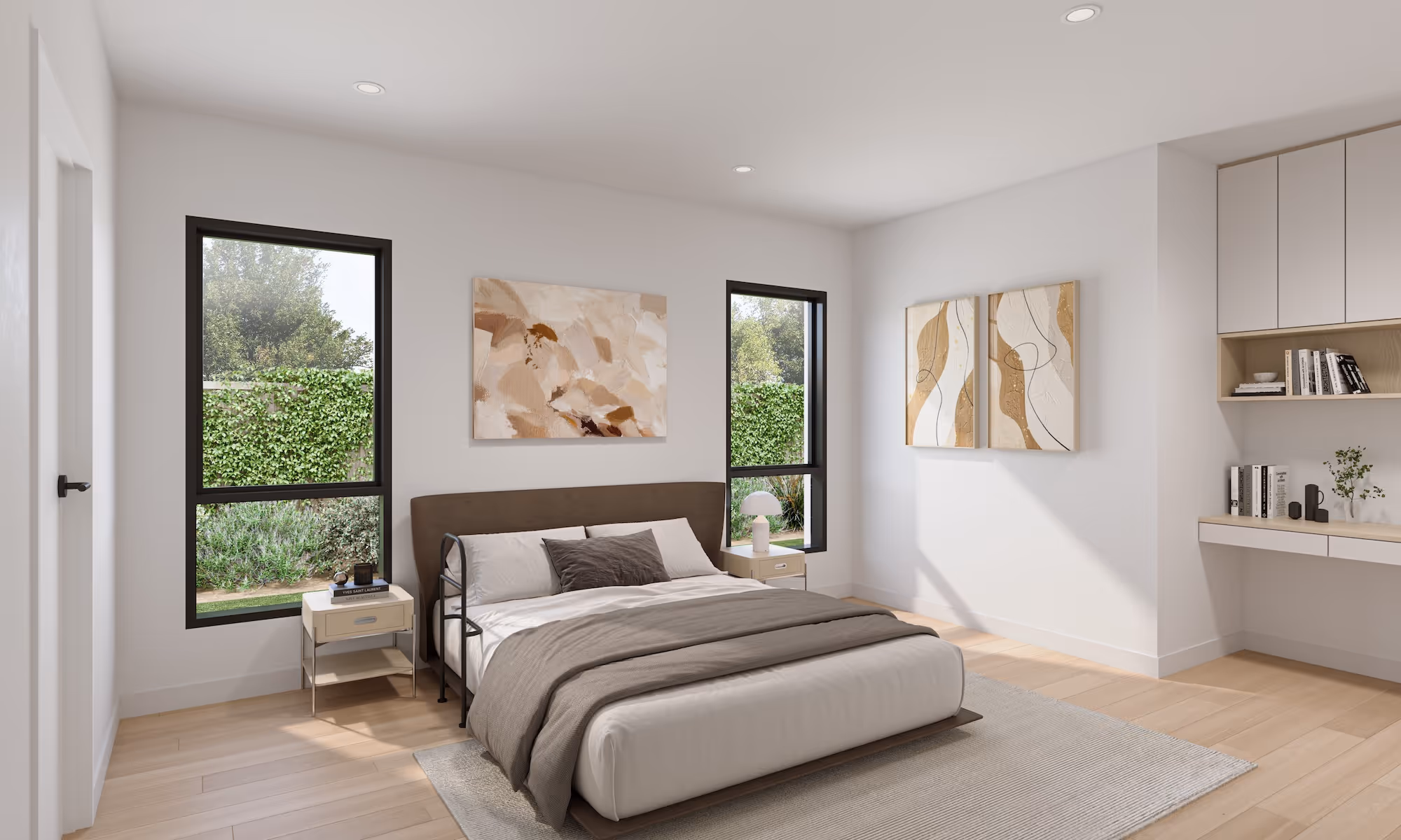 A bright, accessible bedroom with large windows, neutral décor, and space for mobility aids, designed to provide comfort and independence.