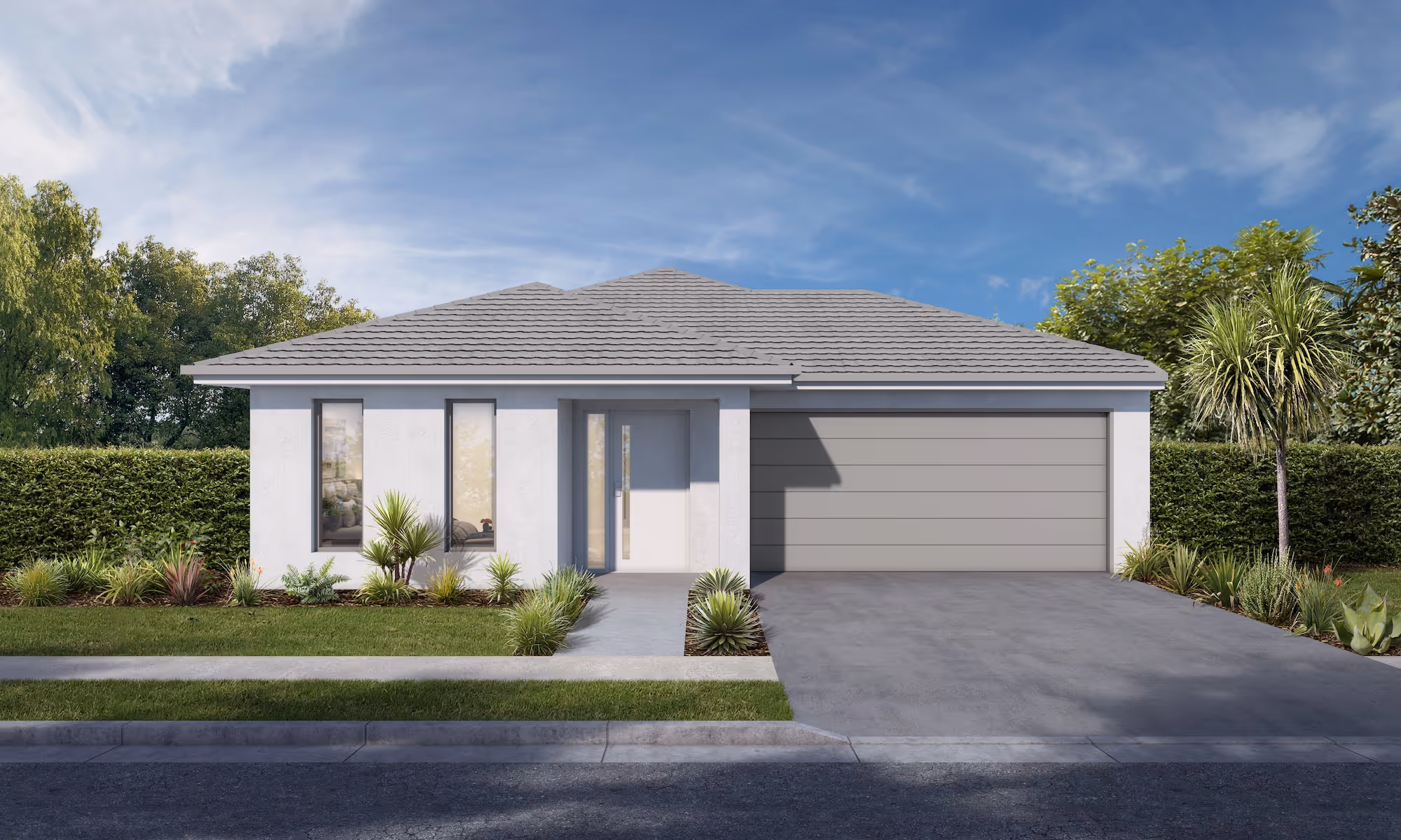 Modern single-storey home facade with clean lines, large windows, a pitched roof, and landscaped front garden — a design reflecting contemporary accessible housing.