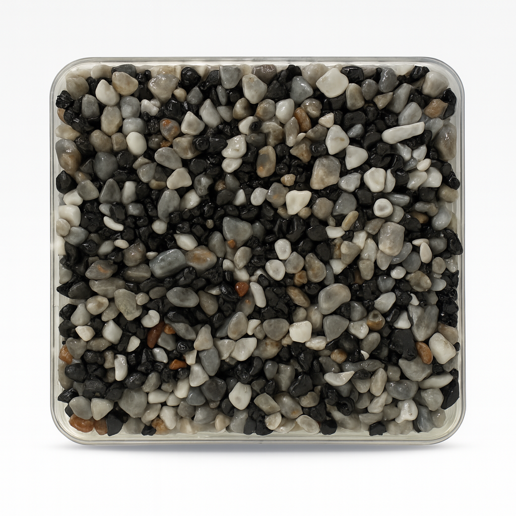 RC-07 Storm Grey – balanced mix of white, light and dark grey pebbles with a refined natural texture.