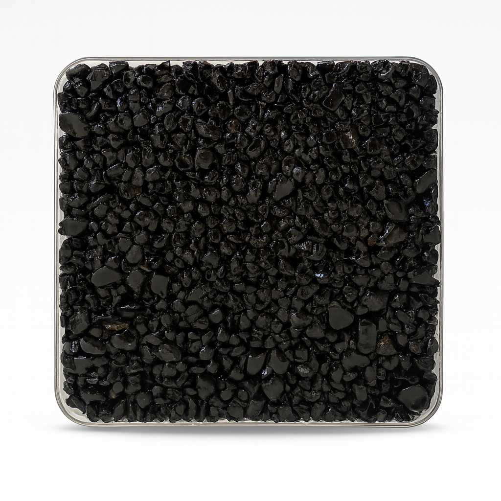 RC-08 Midnight Black – pure black crushed natural stone with a smooth, glossy appearance.