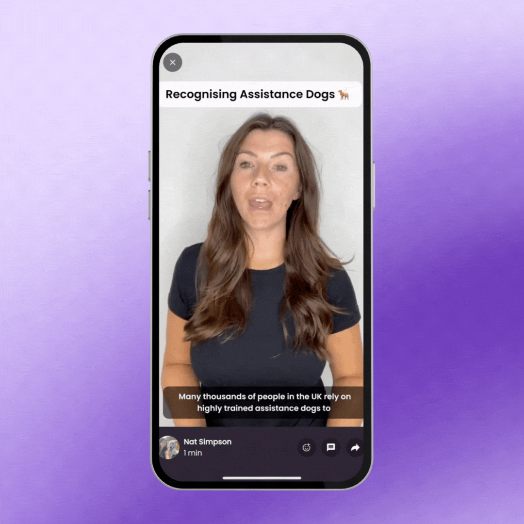 A Gif of a phone playing a section of a reel of a woman talking about assistance dogs