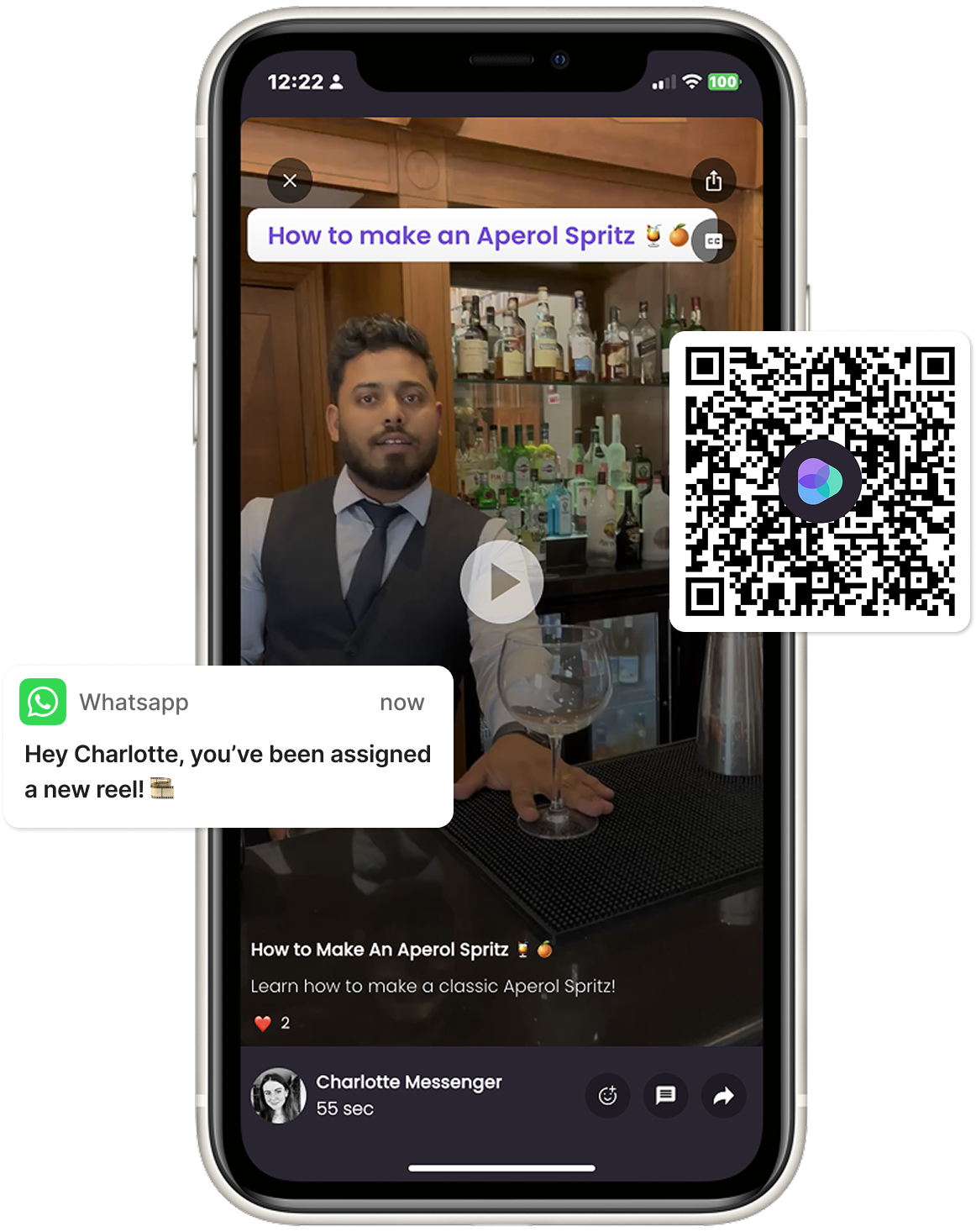 An image of a phone showing a training reel, and how they can be distributed to teams via messaging or QR code
