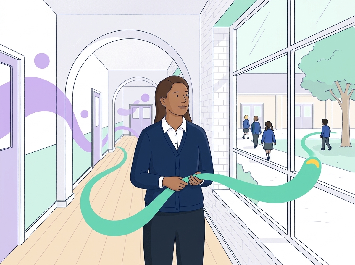 A school leader watches pupils walk away down a corridor as a mint ribbon links her to one lingering pupil.
